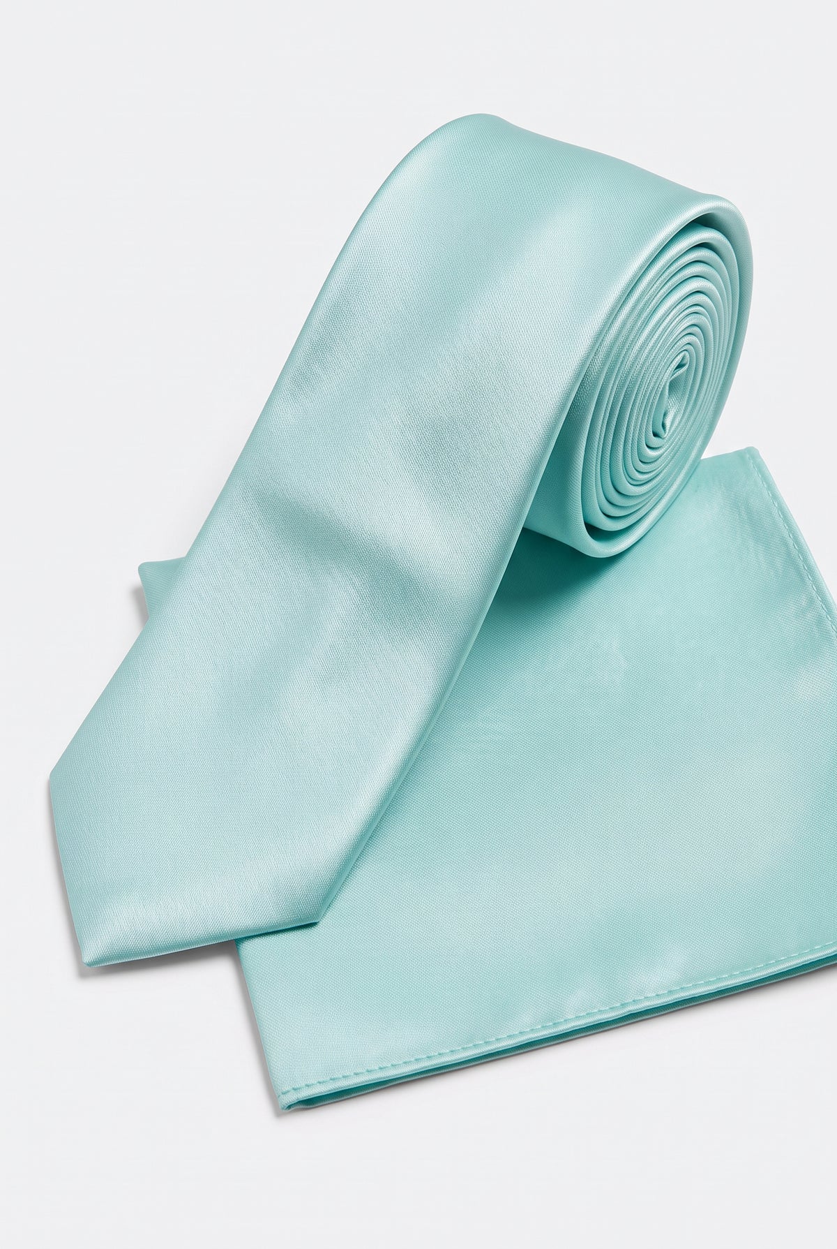 Mint satin tie and matching pocket square set, rolled view 