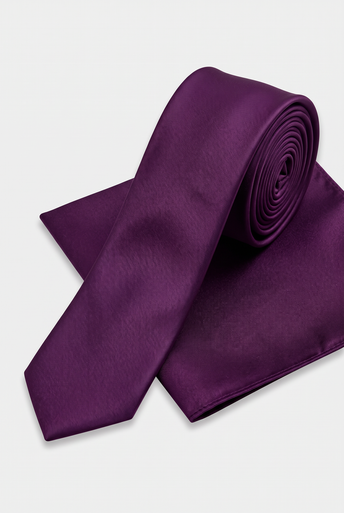Purple satin tie and matching pocket square set, rolled view 