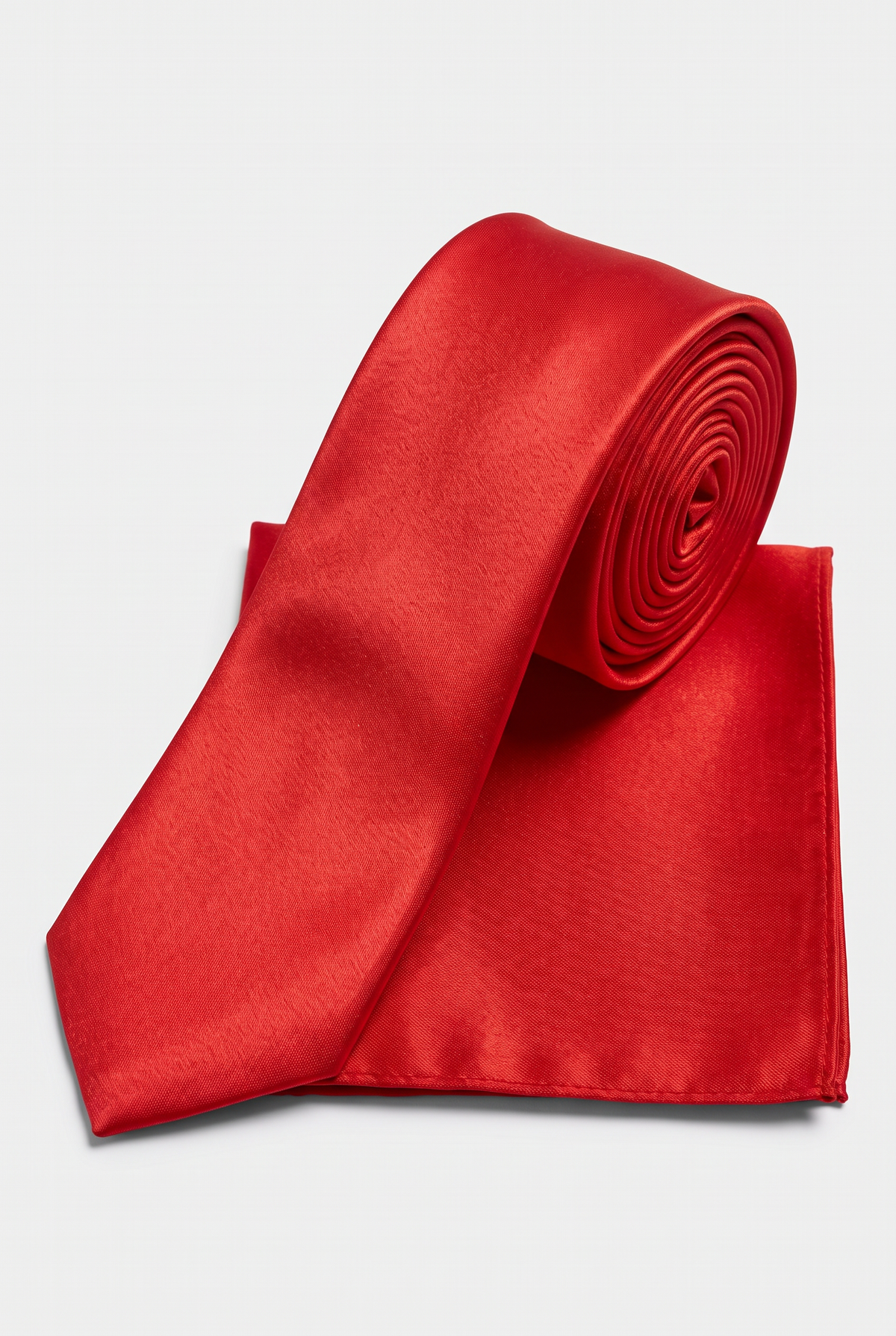 Red satin tie and matching pocket square set, rolled view 