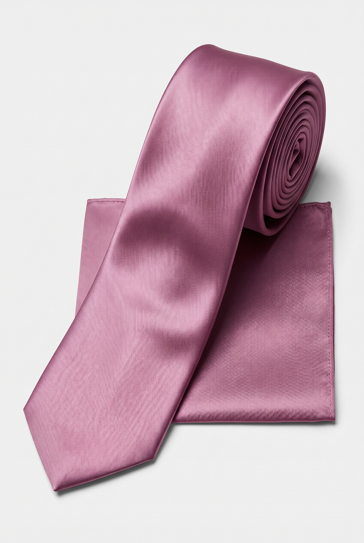 Violet satin tie and matching pocket square set, rolled view 