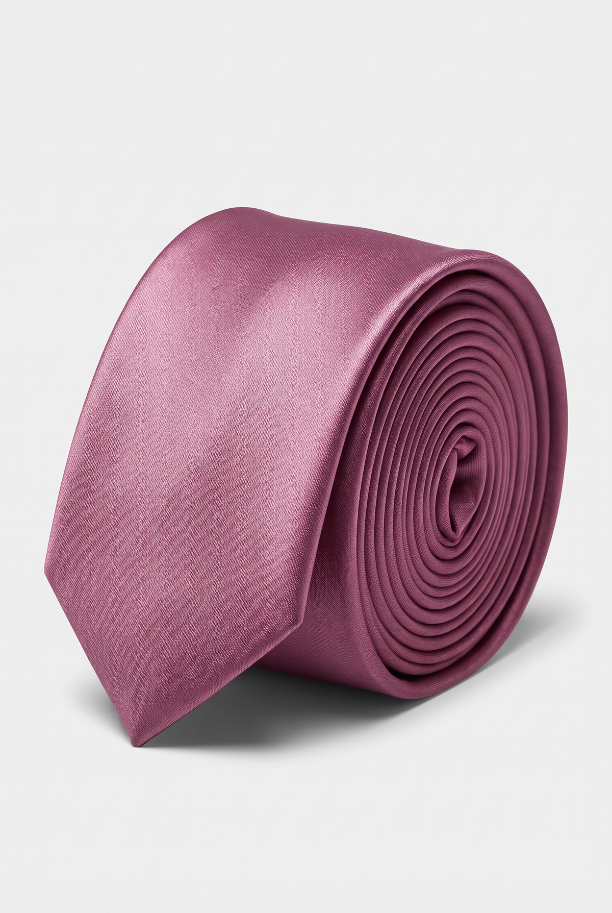 Violet satin men's necktie, rolled close-up view 