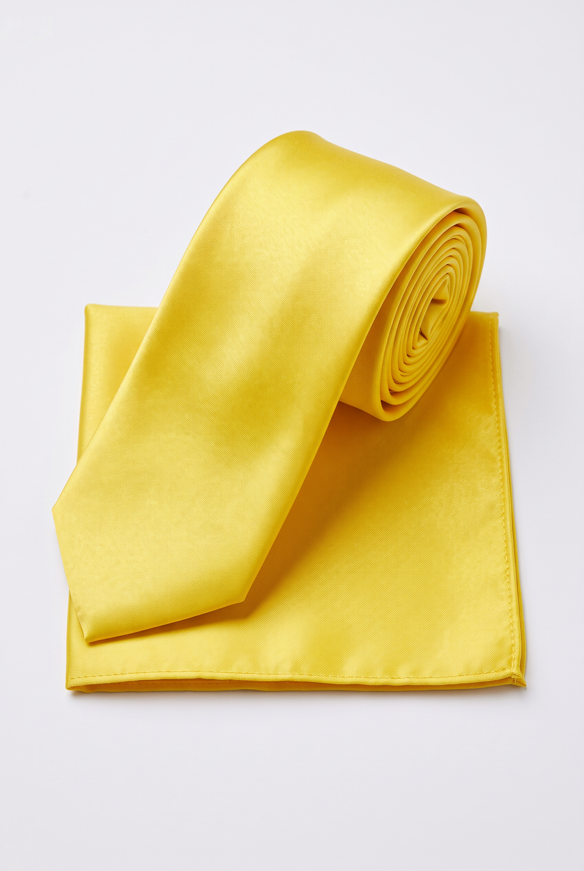 Yellow satin tie and matching pocket square set, rolled view