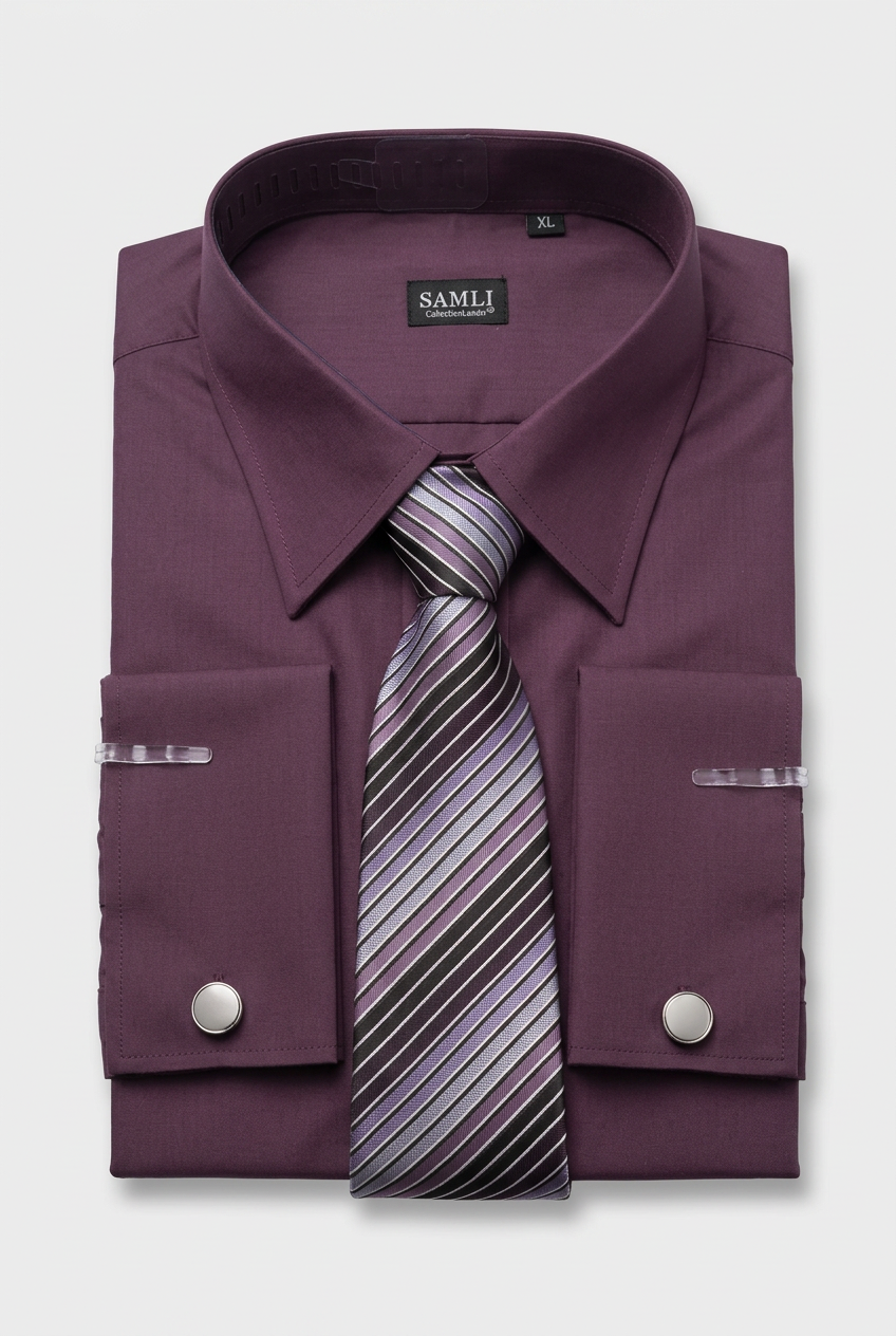 Set camicia formale da uomo prugna con cravatta a righe e gemelli