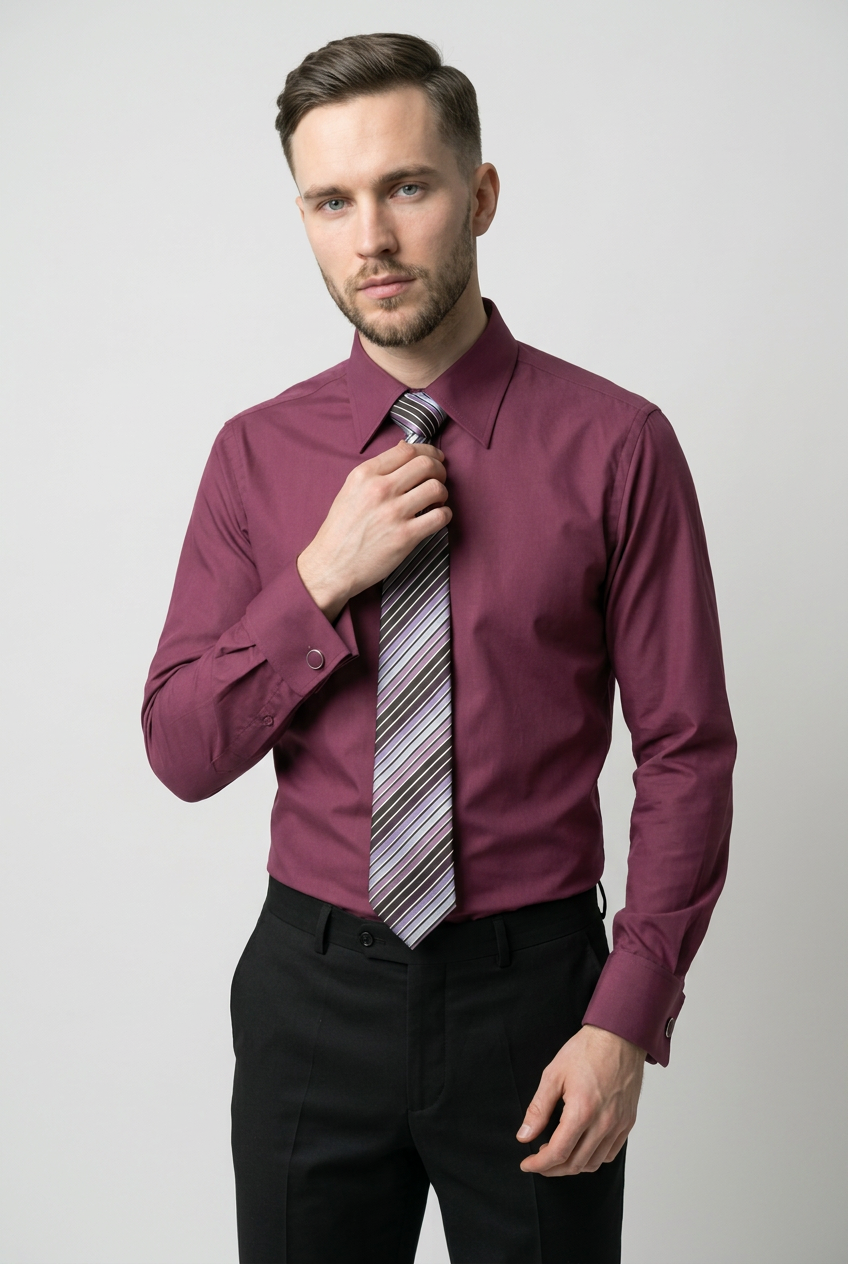 Set camicia formale da uomo prugna con cravatta a righe e gemelli