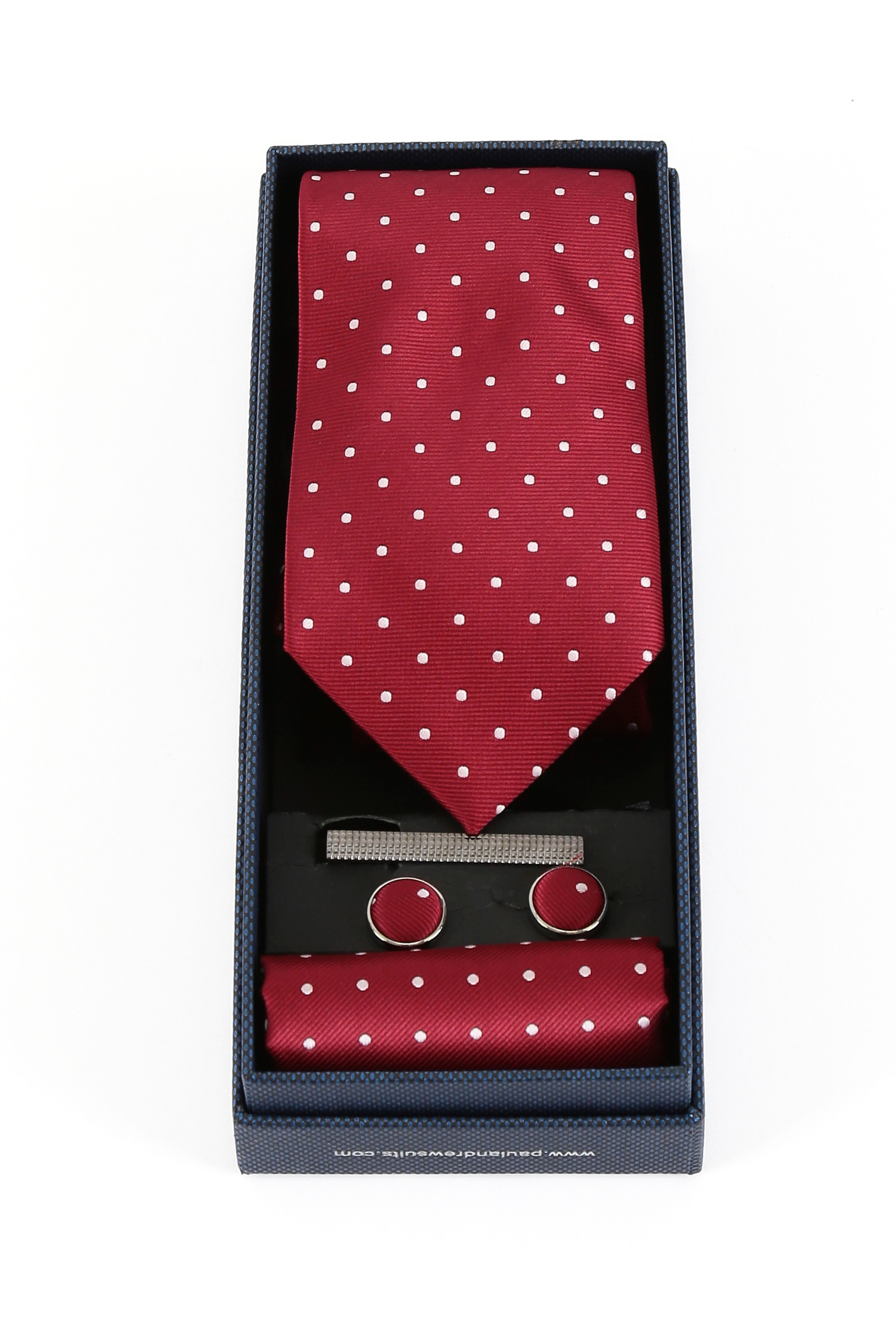 Men's Polka Dotted Tie Hanky & Cufflink Set - Burgundy