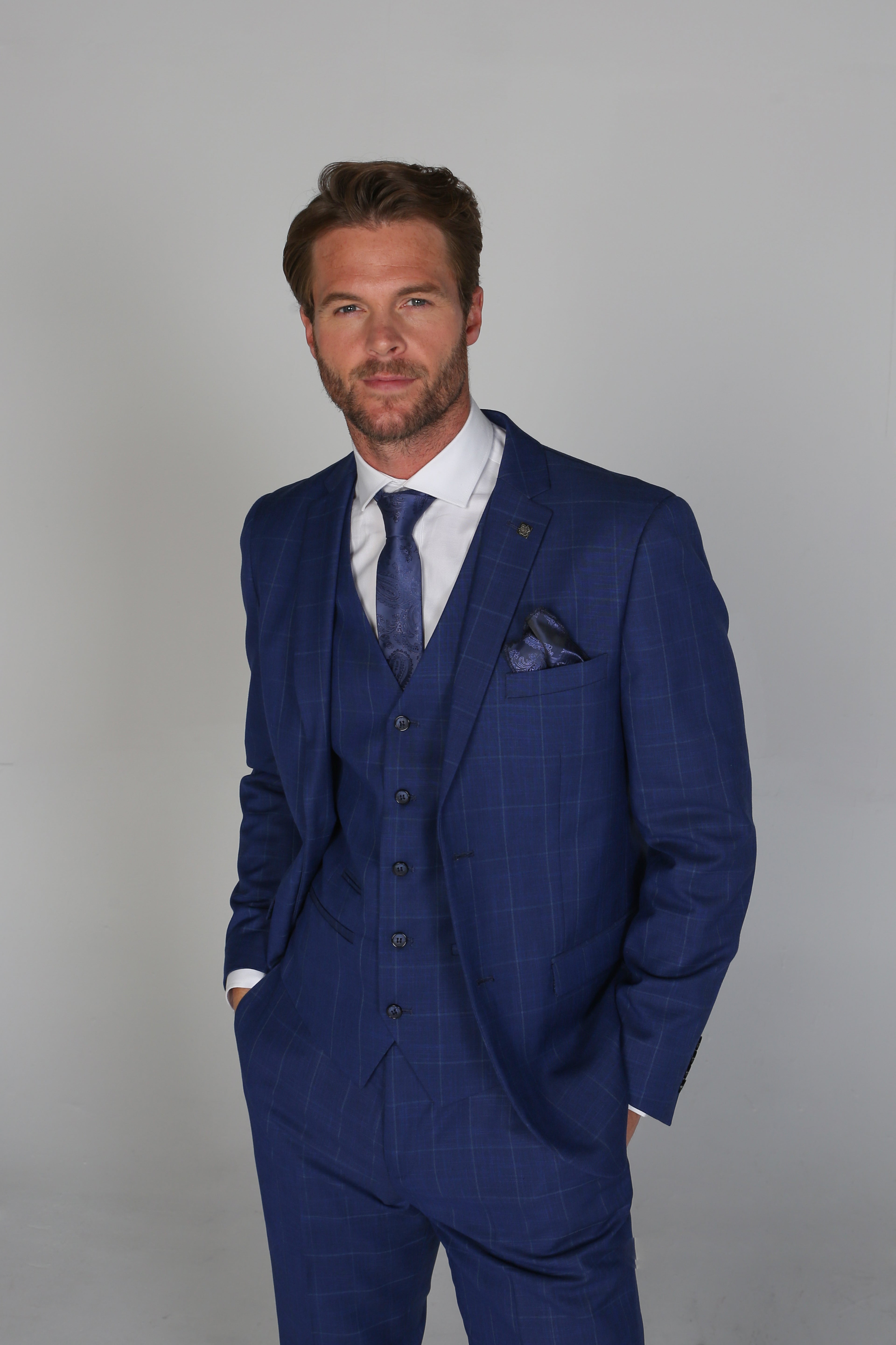 Herren Sakko im Royal Blau mit Windowpane-Karo