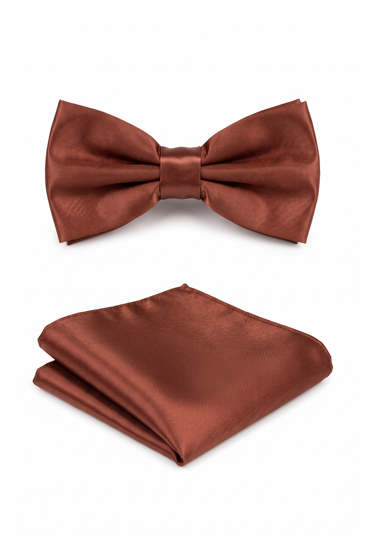 Brown satin men’s bow tie and matching pocket square set for formal wear

