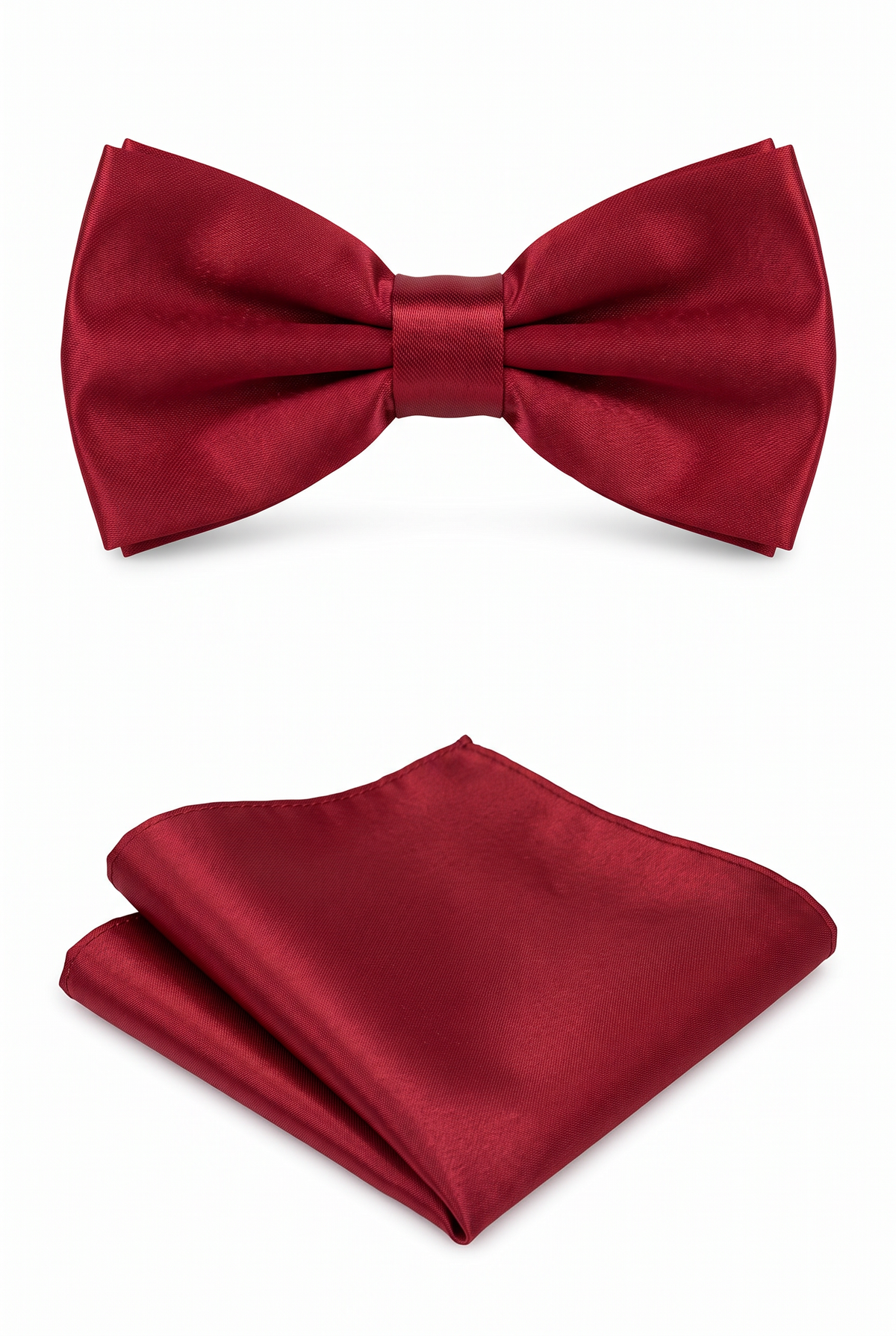 Burgundy men’s bow tie and matching pocket square set for formal wear

