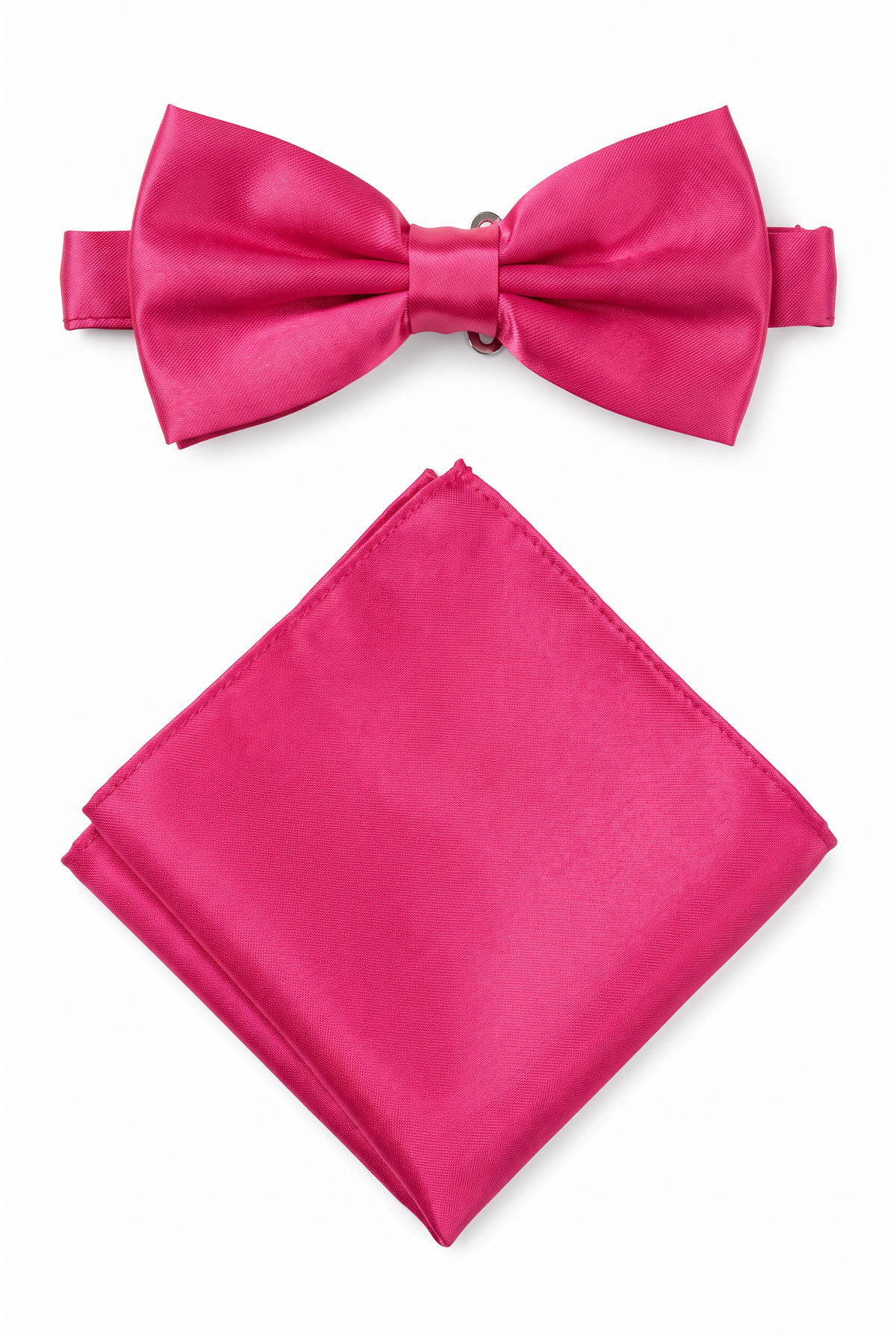 Fuchsia satin men’s bow tie and matching pocket square set for formal wear

