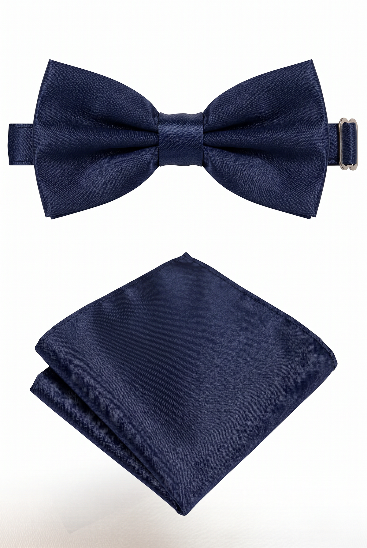 Navy satin men’s bow tie and matching pocket square set for formal wear

