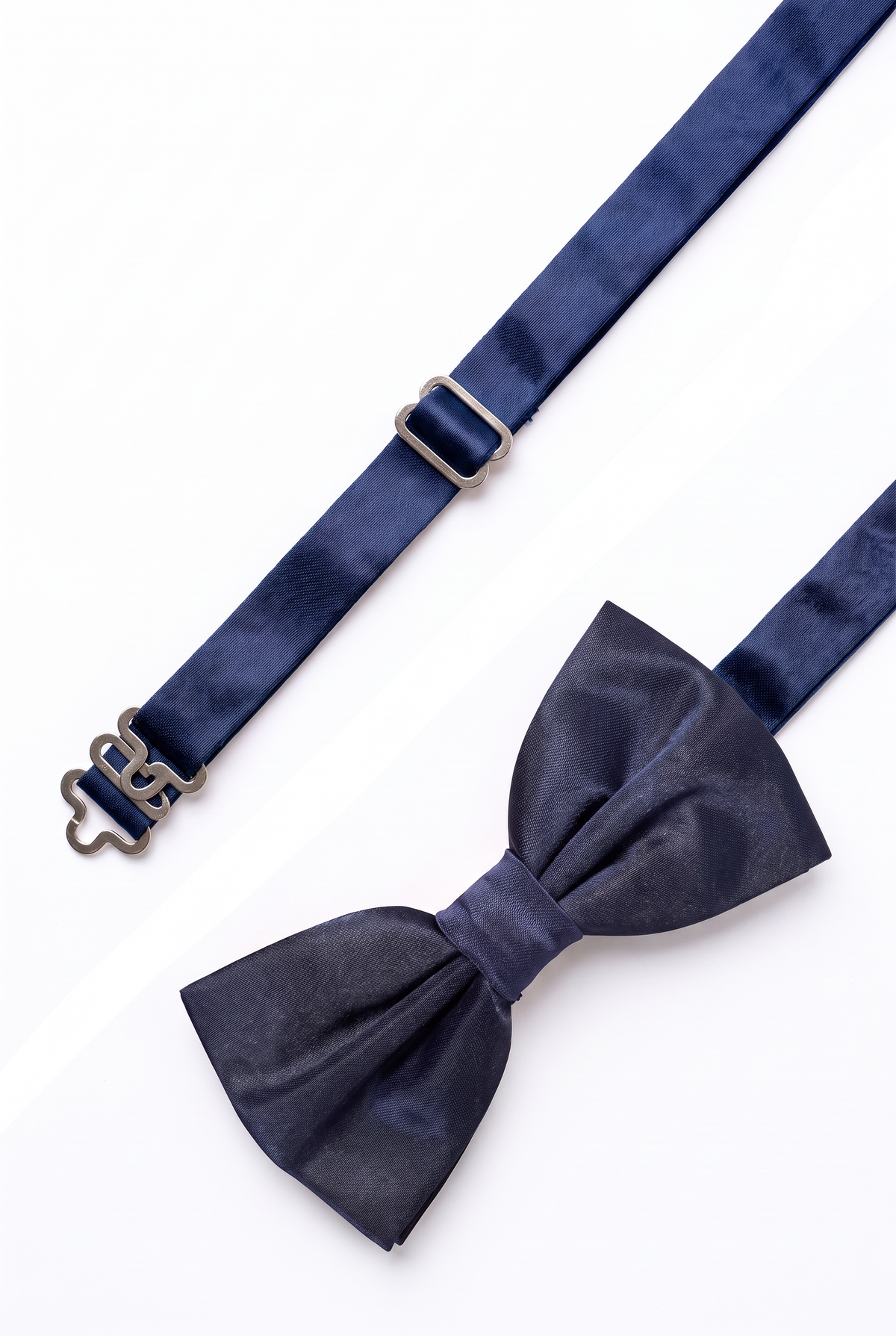 Adjustable navy satin bow tie for men with metal hook fastening

