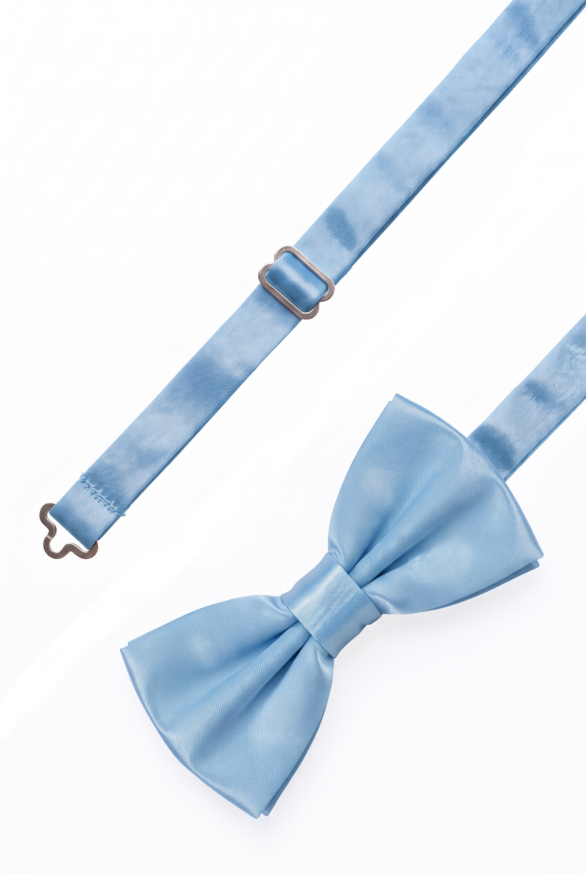 Adjustable sky blue satin bow tie for men with metal hook fastening

