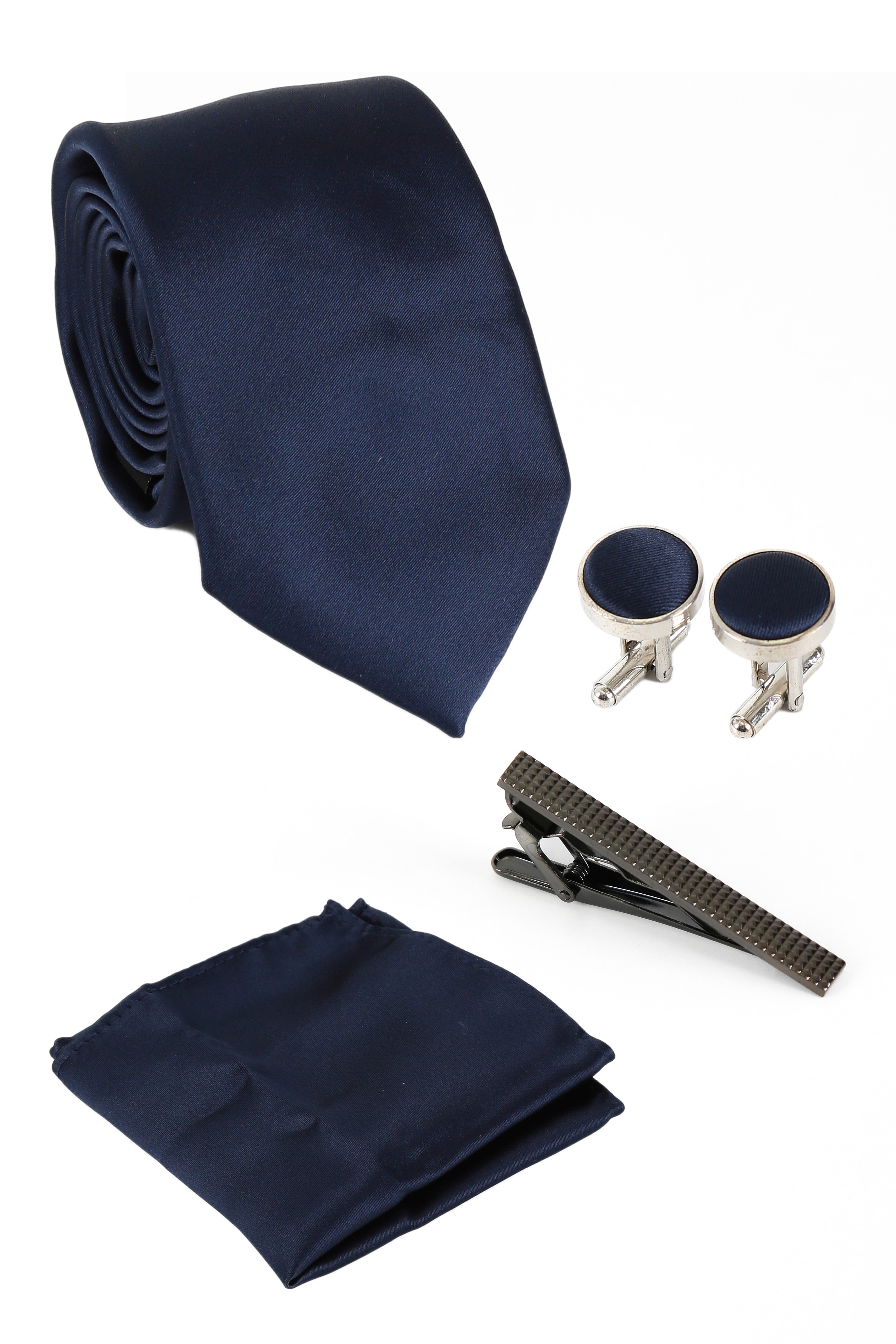 Men's Satin Tie Cufflink 4 Piece Set - Navy Blue Set Picture