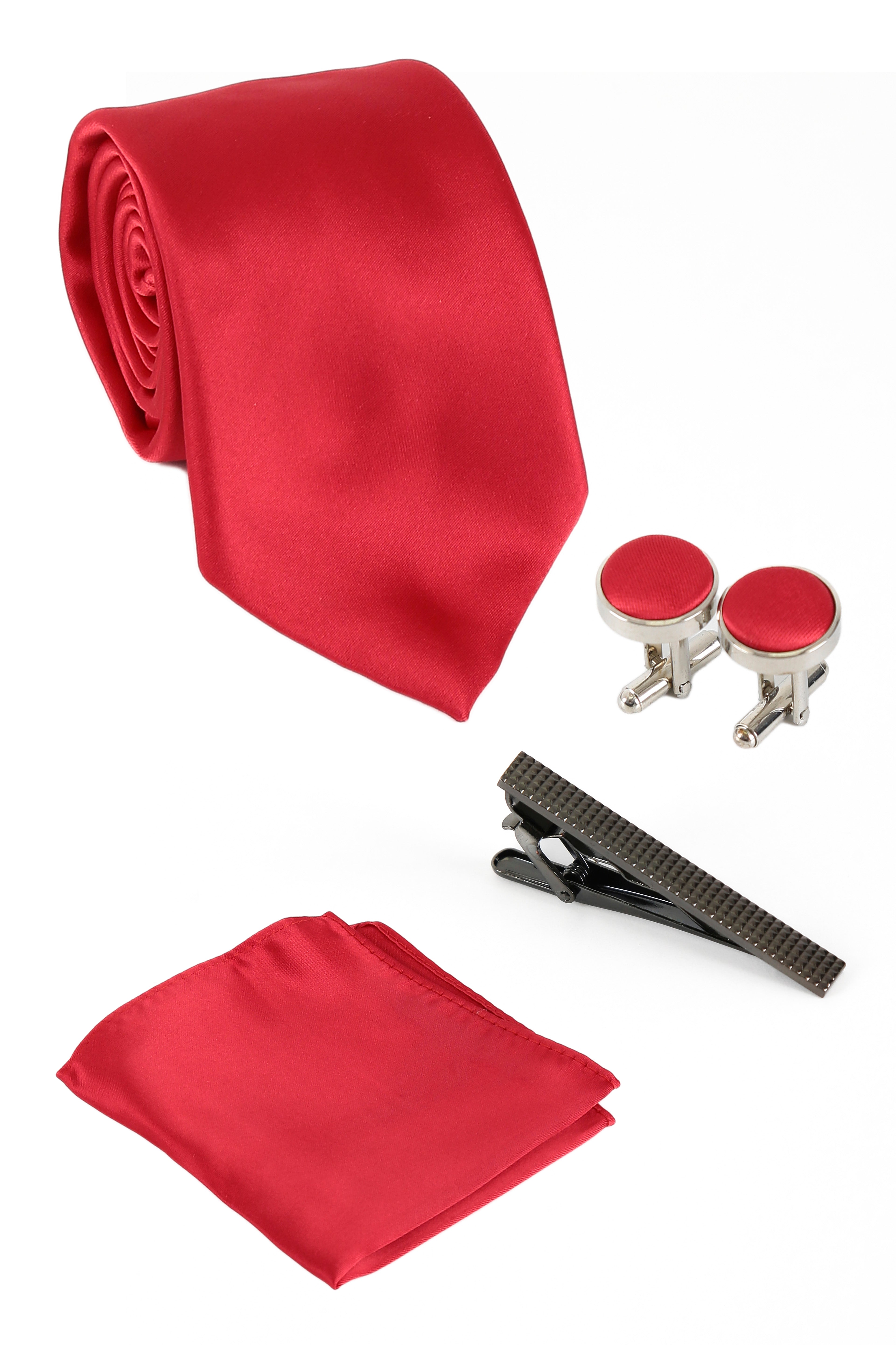 Men's Satin Tie Cufflink 4 Piece Set - Red Set Picture