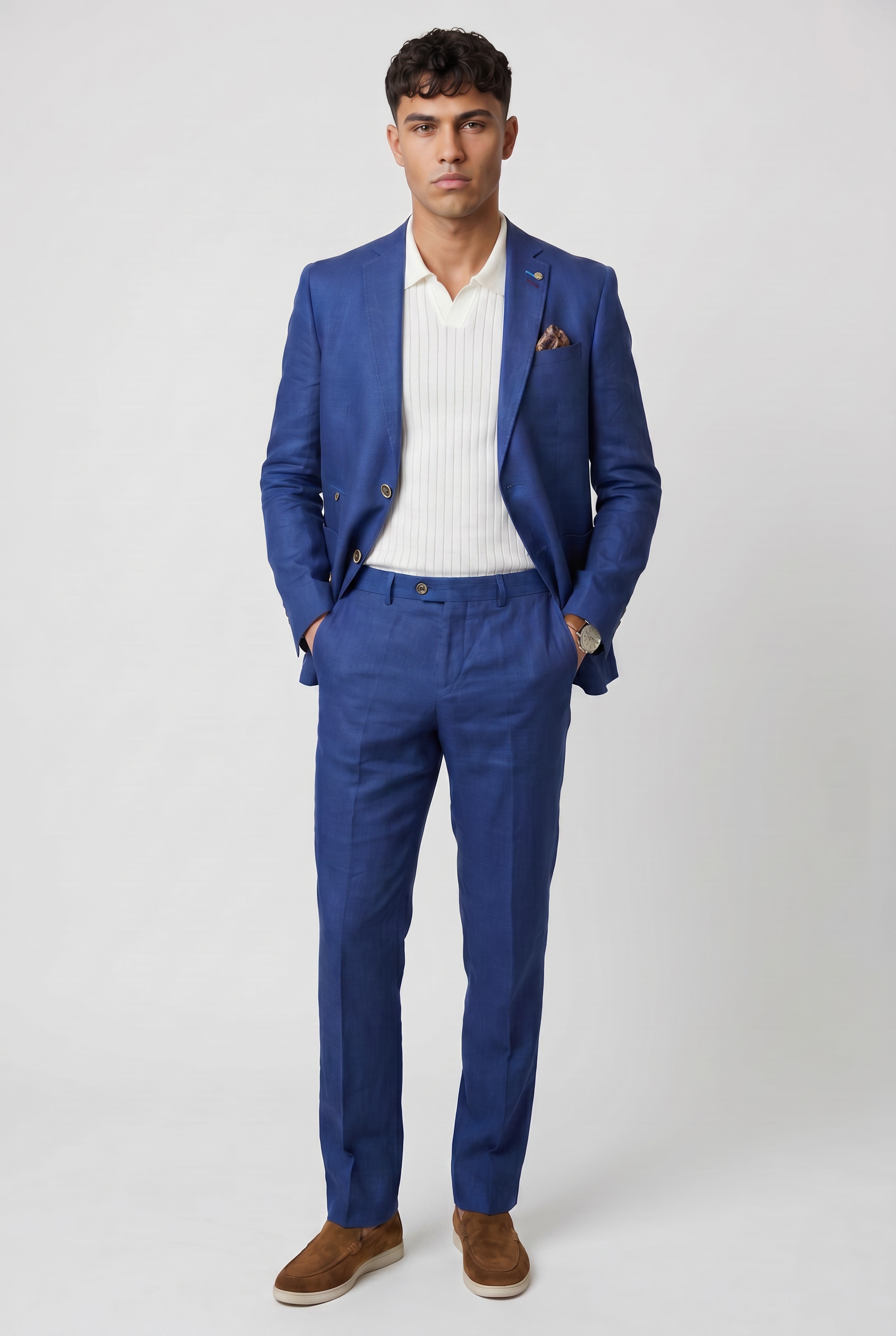 Traje de lino para hombre de corte ajustado de 2 piezas - azul marino