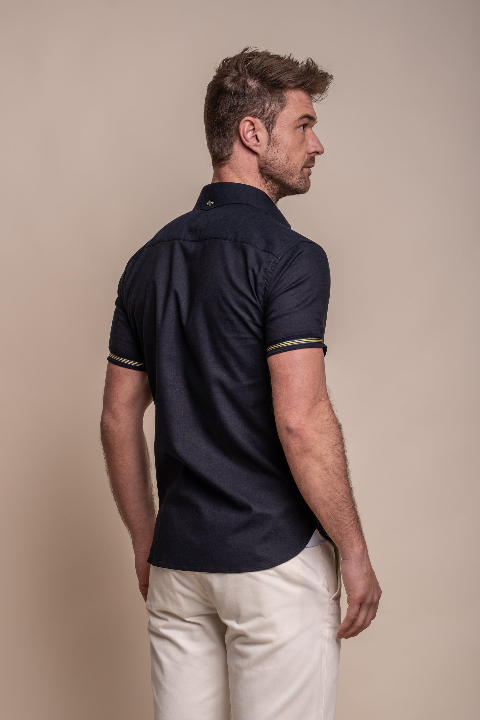 Men's Slim Fit Linen Blend Short Sleeve Shirt - FUEGO - Navy Blue Back Picture