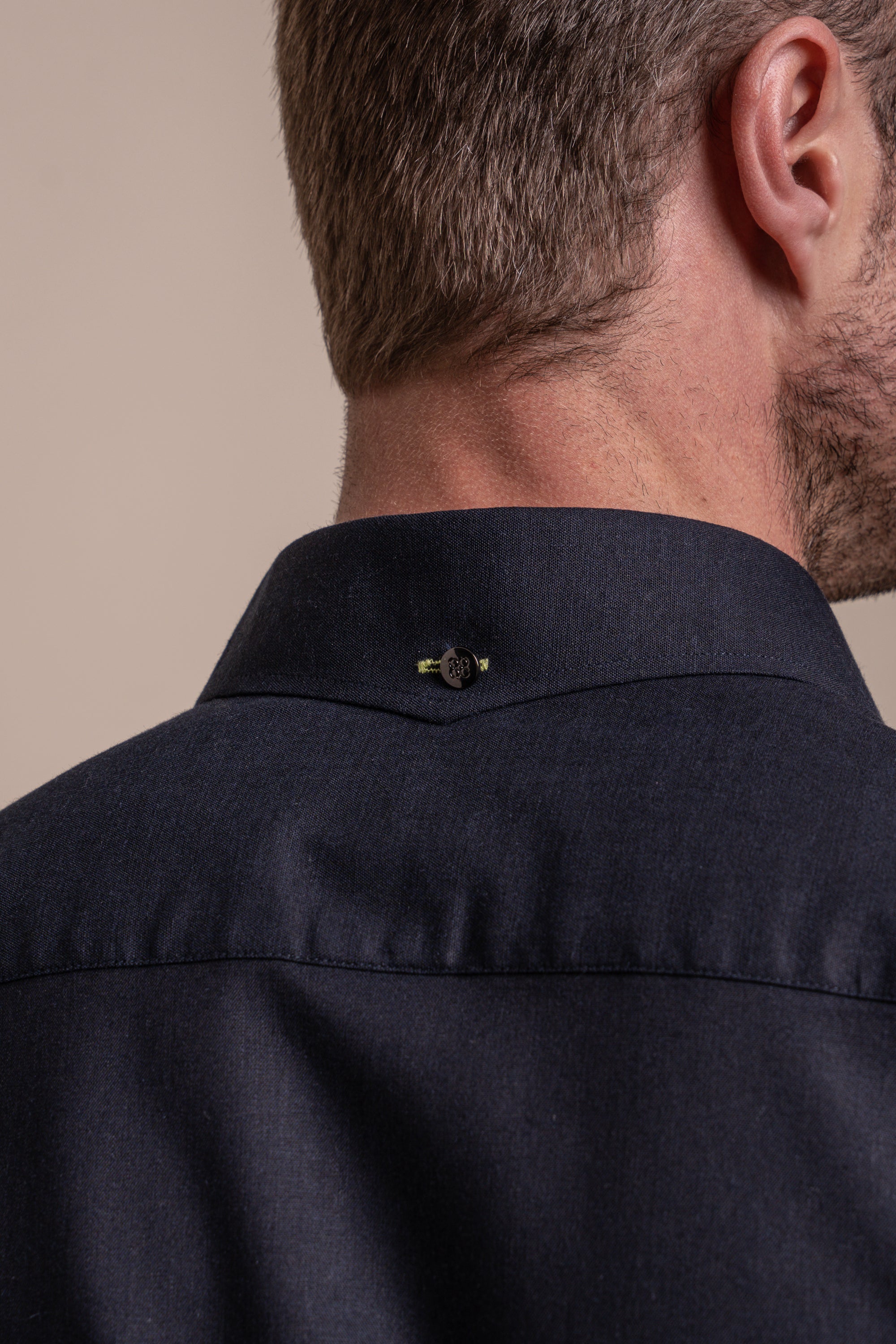 Men's Slim Fit Linen Blend Short Sleeve Shirt - FUEGO - Navy Blue Back Picture
