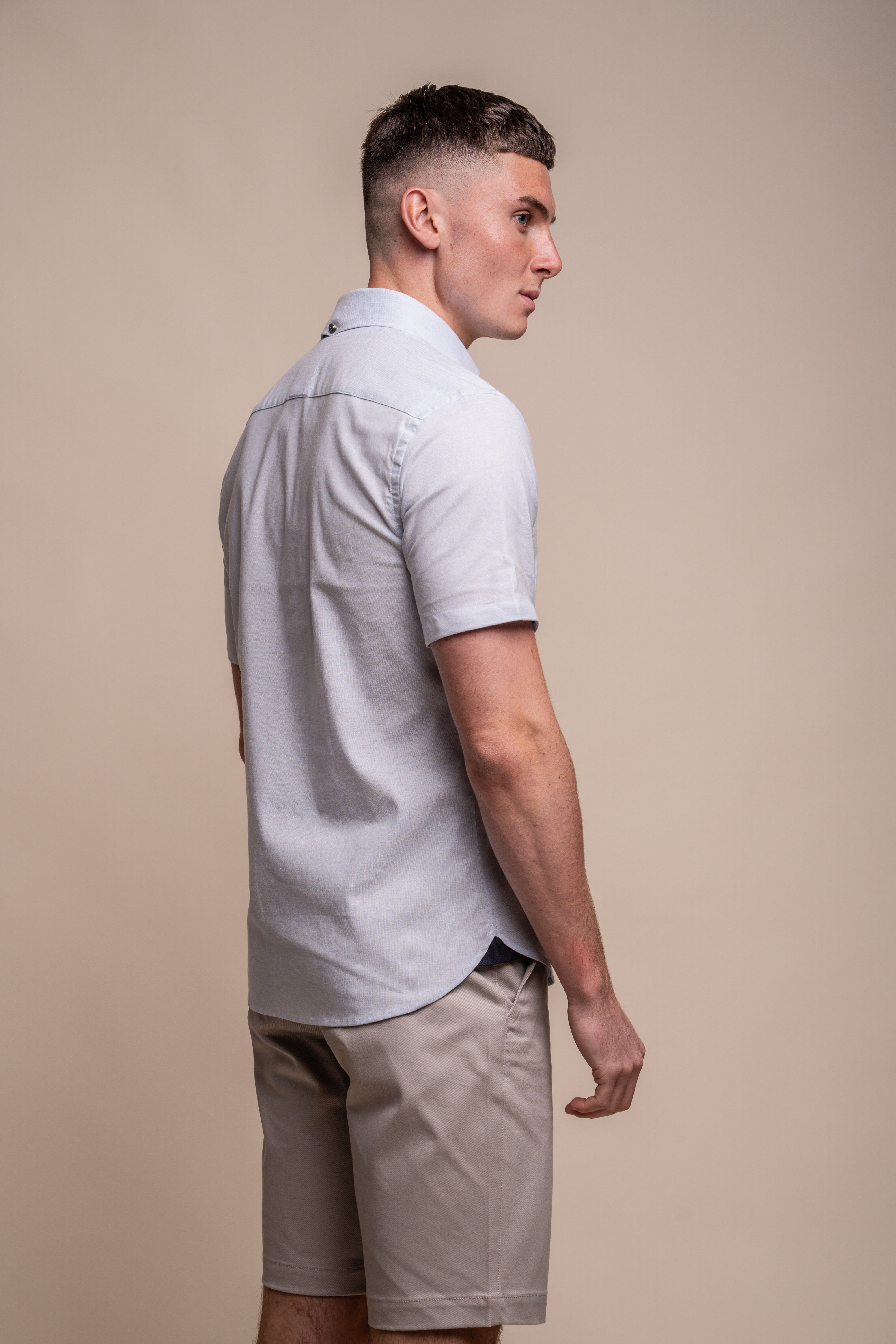 Men's Slim Fit Linen Blend Short Sleeve Shirt - FUEGO - Sky Blue Back Picture