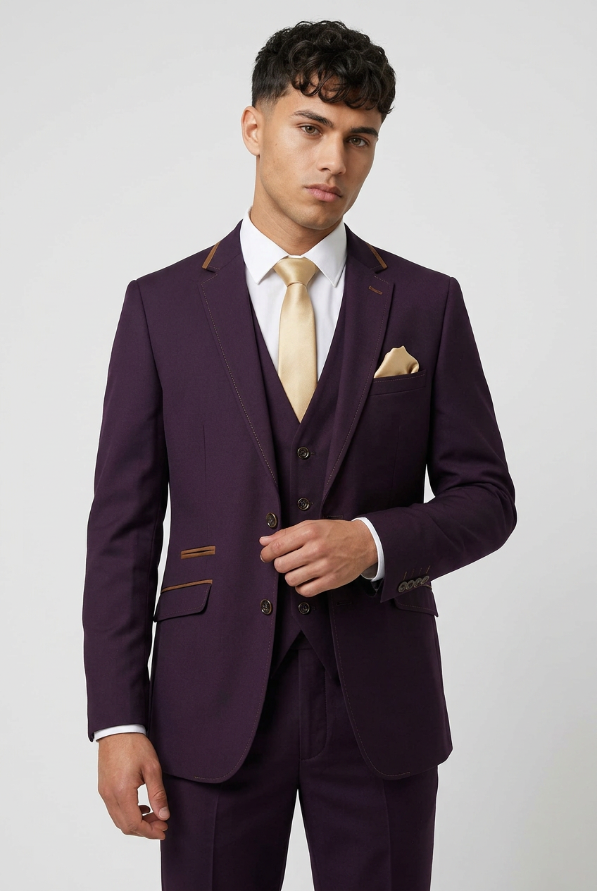 Costume trois pièces prune coupe slim pour homme – Veste, gilet et pantalon