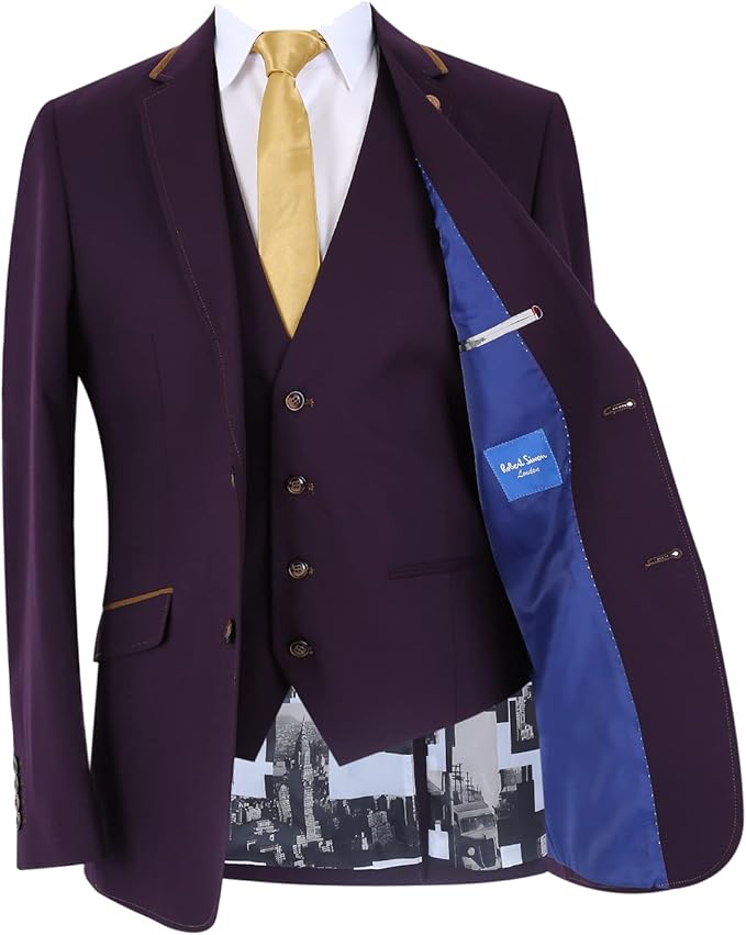 Costume trois pièces prune coupe slim pour homme – Veste, gilet et pantalon