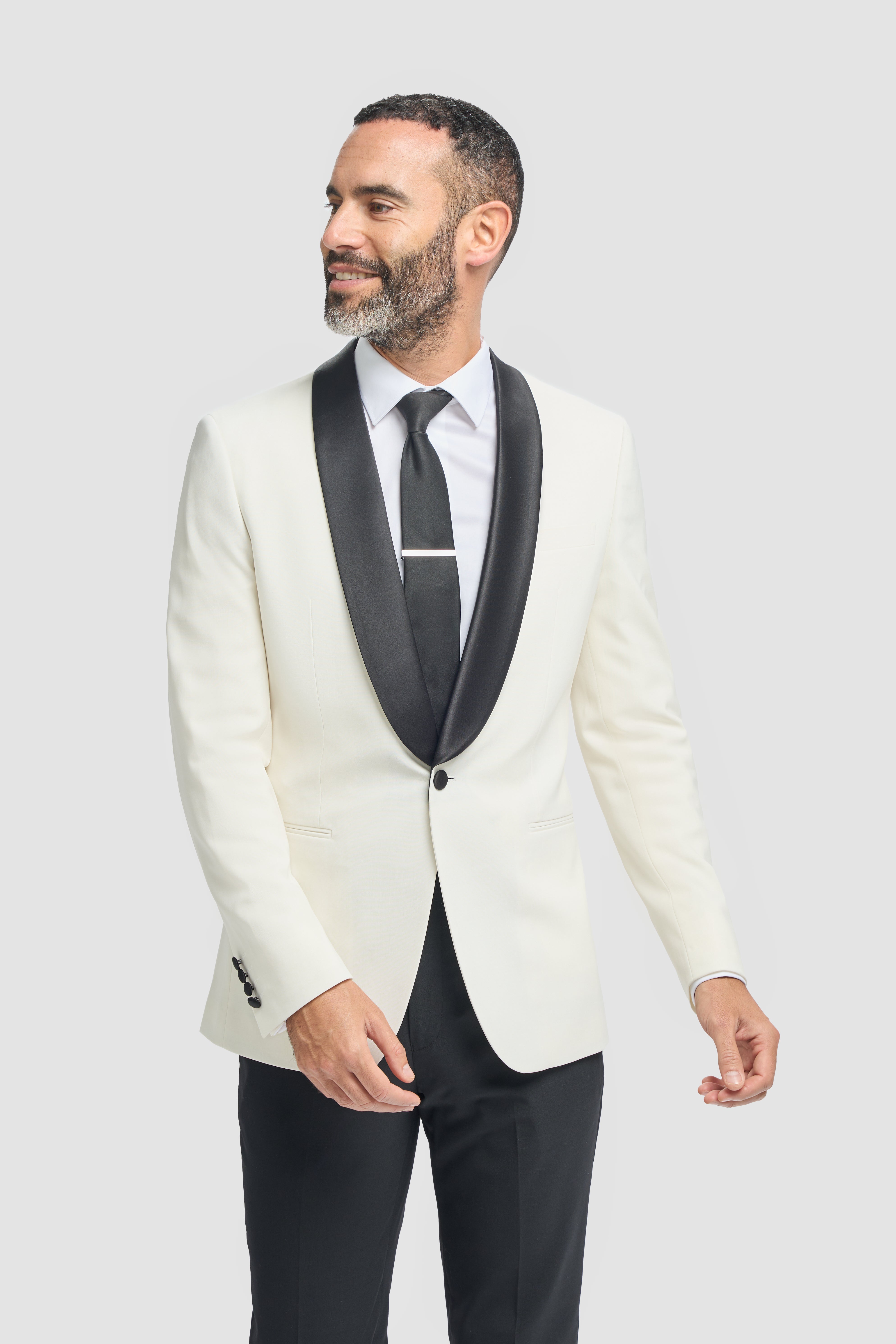 Men's Slim Fit Wool Blend Tuxedo Dinner Suit - ASPEN - Ivory Model Picture