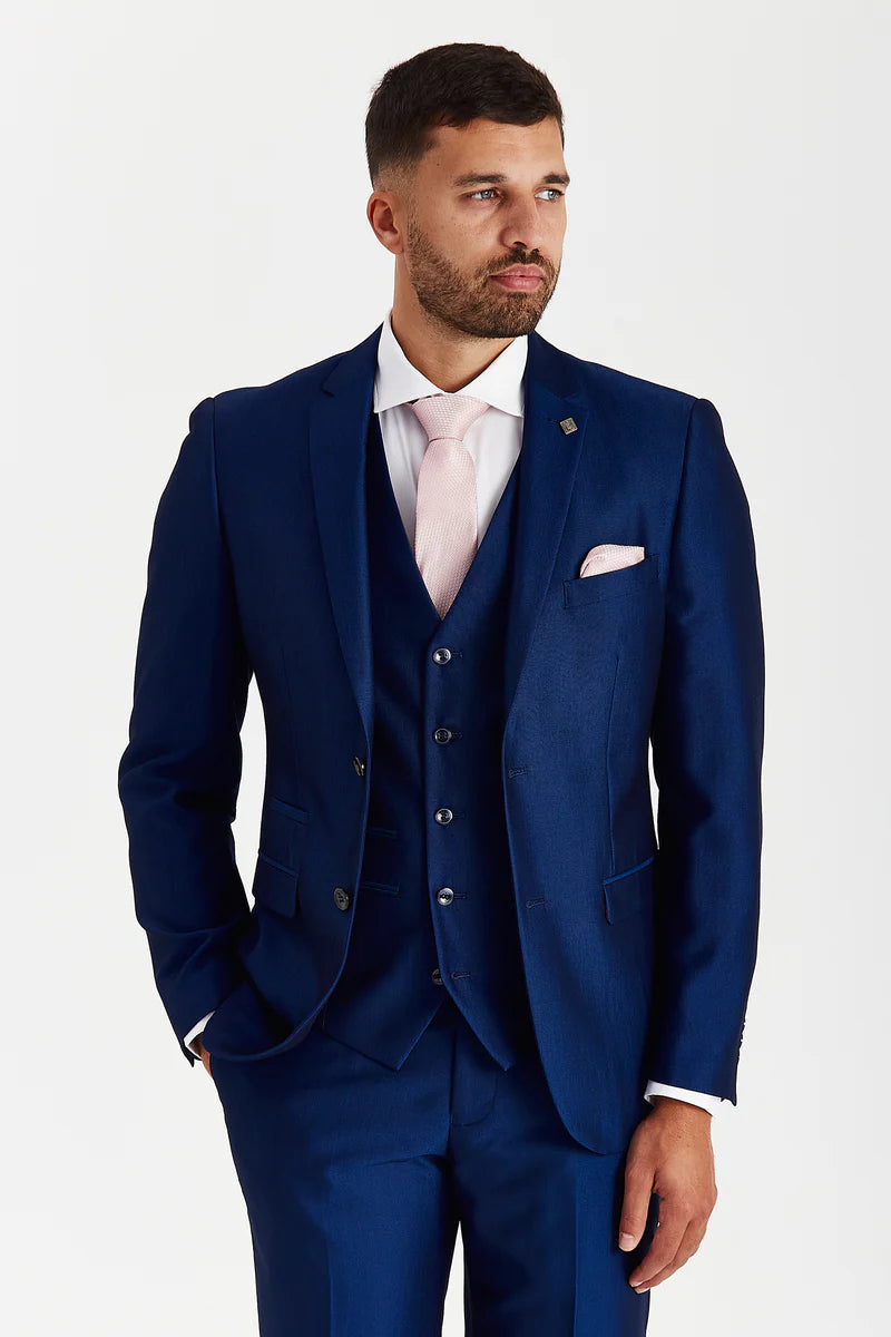 Men's Tailored Fit Sheen Effect Blue Suit - KINGSLEY - Royal Blue Model Picture