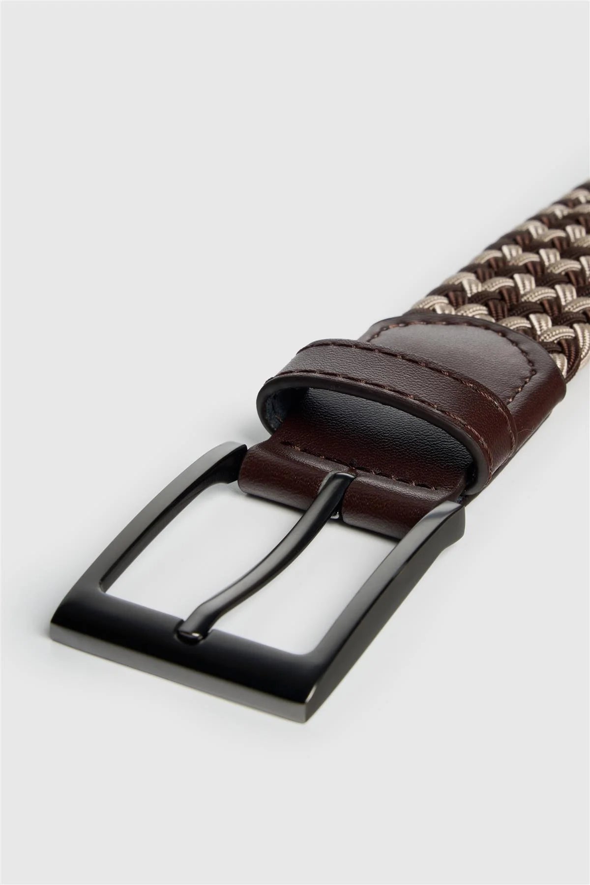 Men's Textured Genuine Leather Woven Braided Belt - Cavani Ivory & Brown
