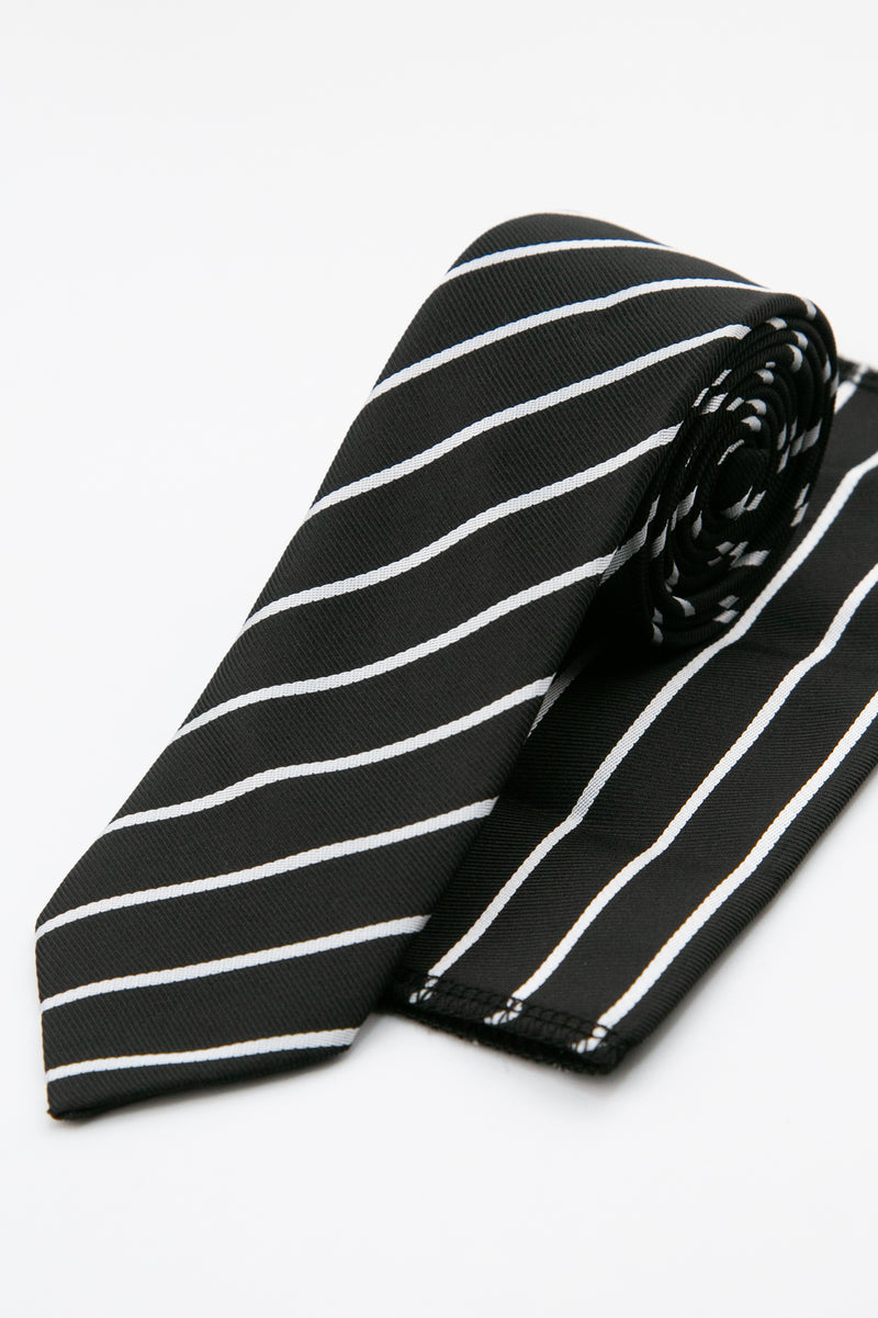 Men’s Textured Striped Slim Tie & Pocket Square Set in Black&White Set Picture