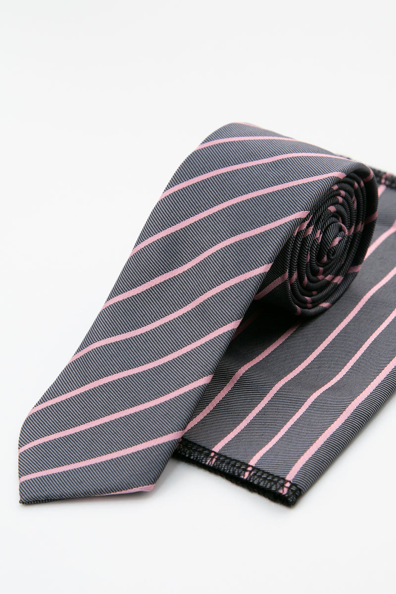 Men’s Textured Striped Slim Tie & Pocket Square Set in Grey&Pink Set Picture