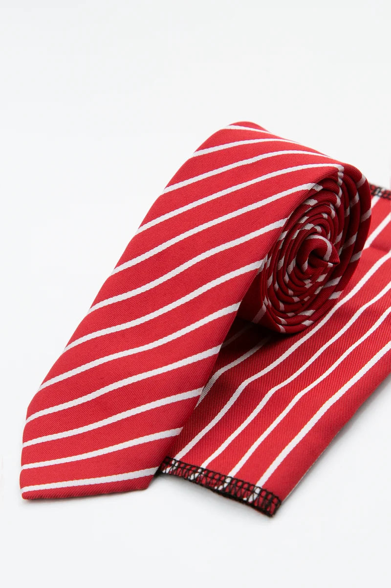 Men’s Textured Striped Slim Tie & Pocket Square Set in Red Set Picture
