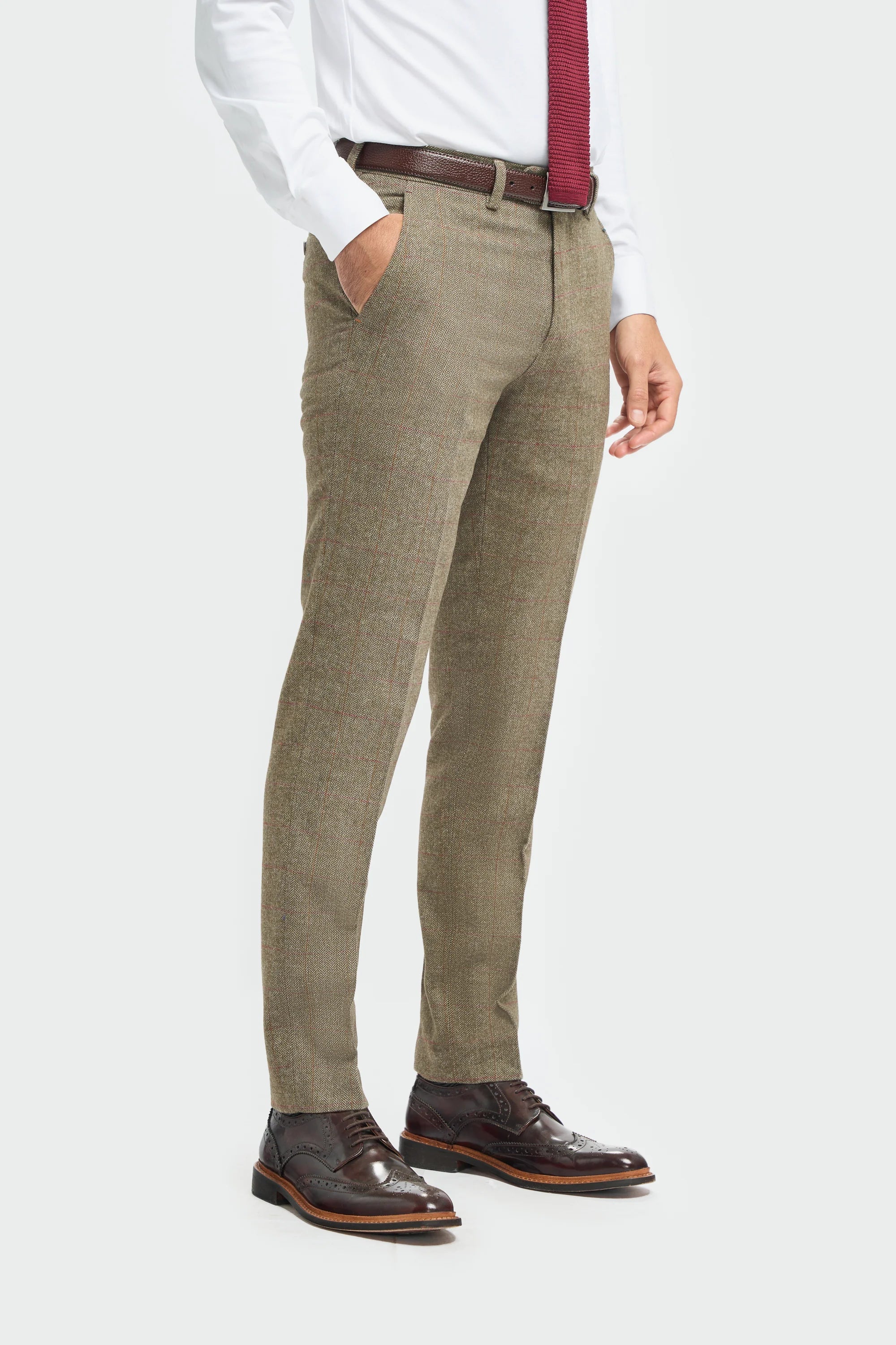 Men's Tweed Check Green Formal Trousers - Gaston Sage - Sage Green Model Picture