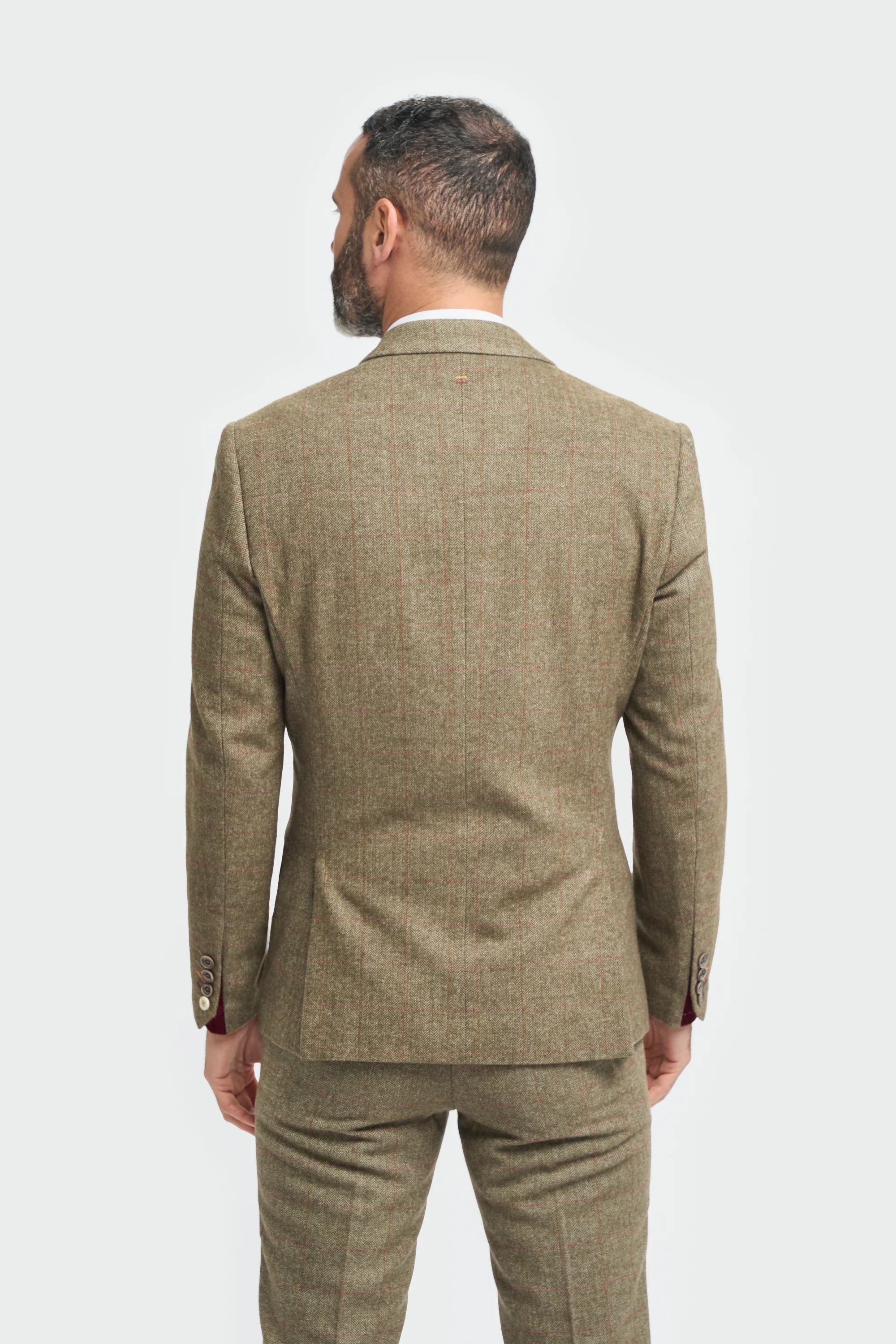 Men's Tweed Check Green Suit Jacket - Gaston Sage - Sage Green Model Back Picture