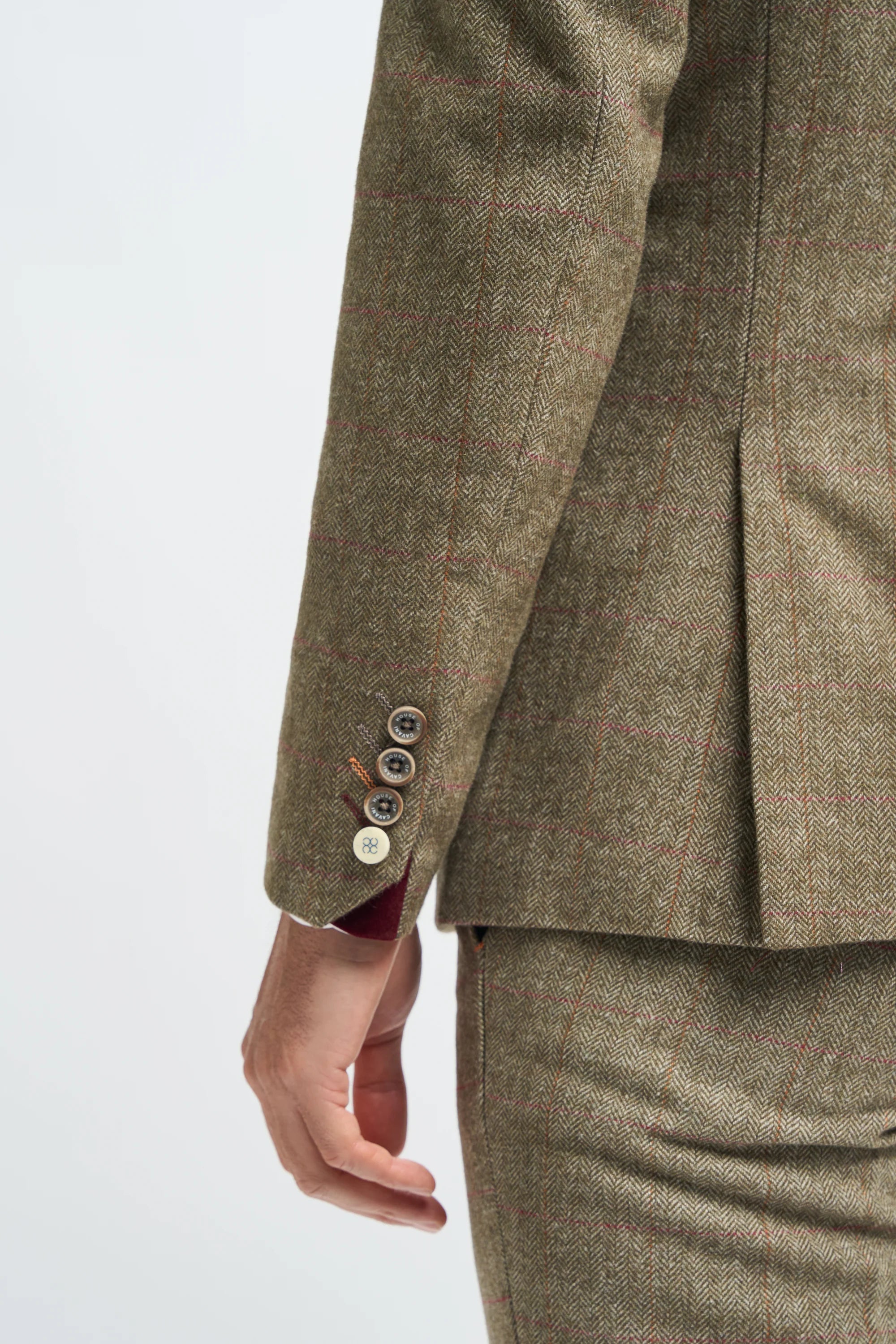 Men's Tweed Check Green Suit Jacket - Gaston Sage - Sage Green Detail Picture