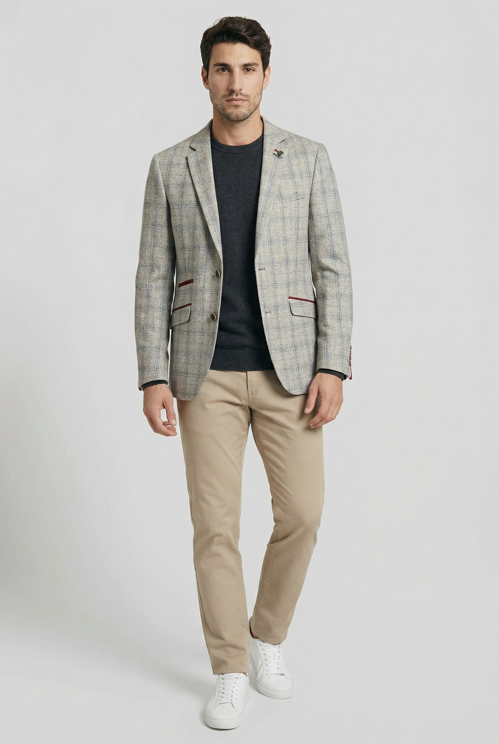 Erkek Tweed Kareli Slim Fit Gri Takım Elbise Ceketi - ANDREW - Gri