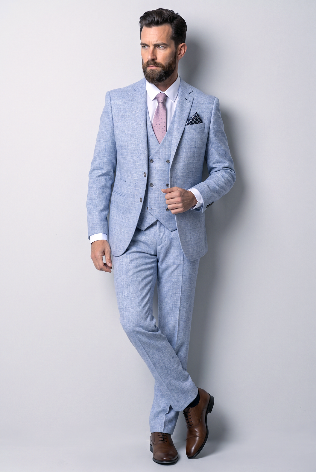 Men’s Tweed Like Glen Check Blazer - Robert Simon Luis Light Blue Front Picture
