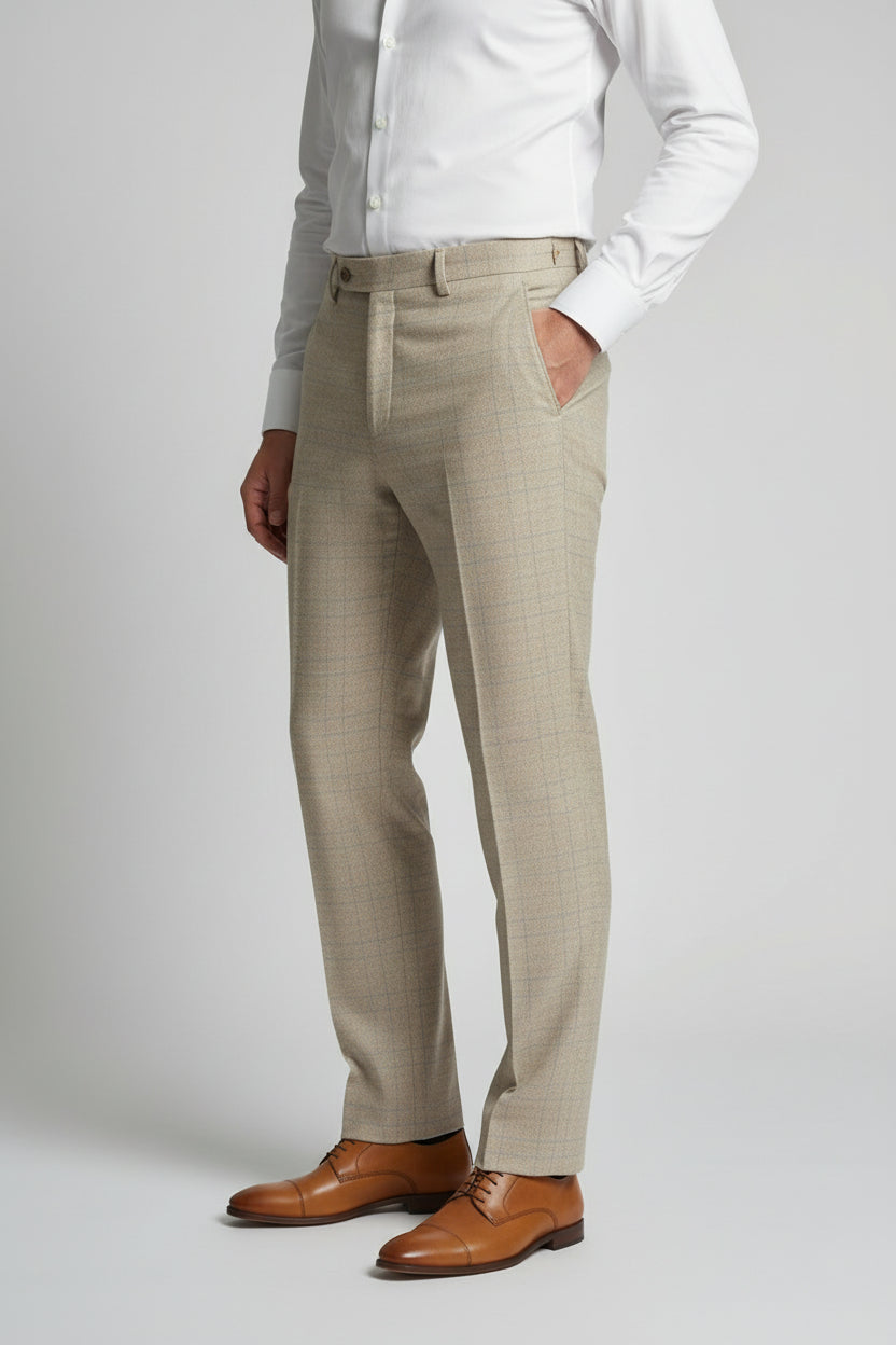 Men’s Tweed Like Glen Check Trousers - Luis - Beige Side Picture