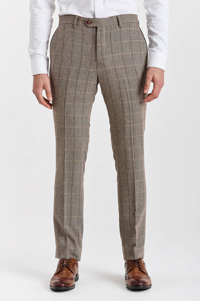 Men's Tweed Retro Windowpane Formal Suit - HARRIS - Brown Trousers Picture 