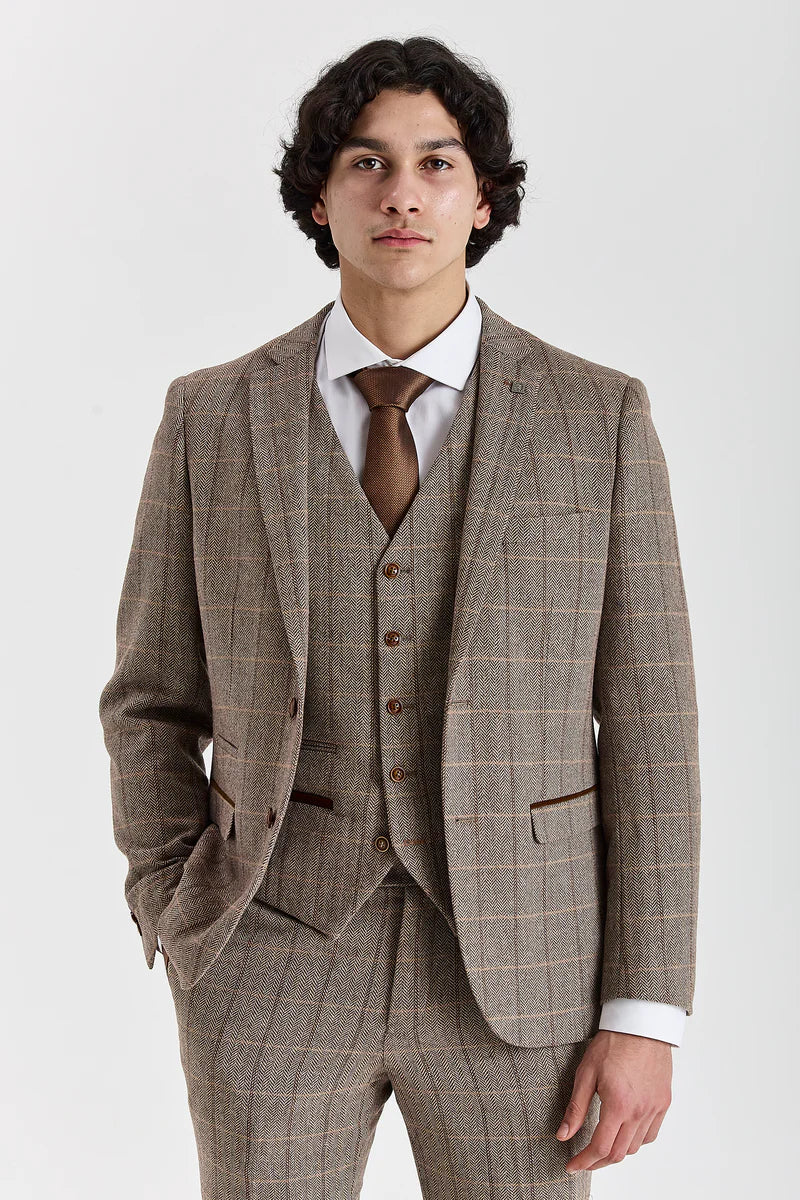 Men's Tweed Retro Windowpane Formal Suit - HARRIS - Brown Model Picture