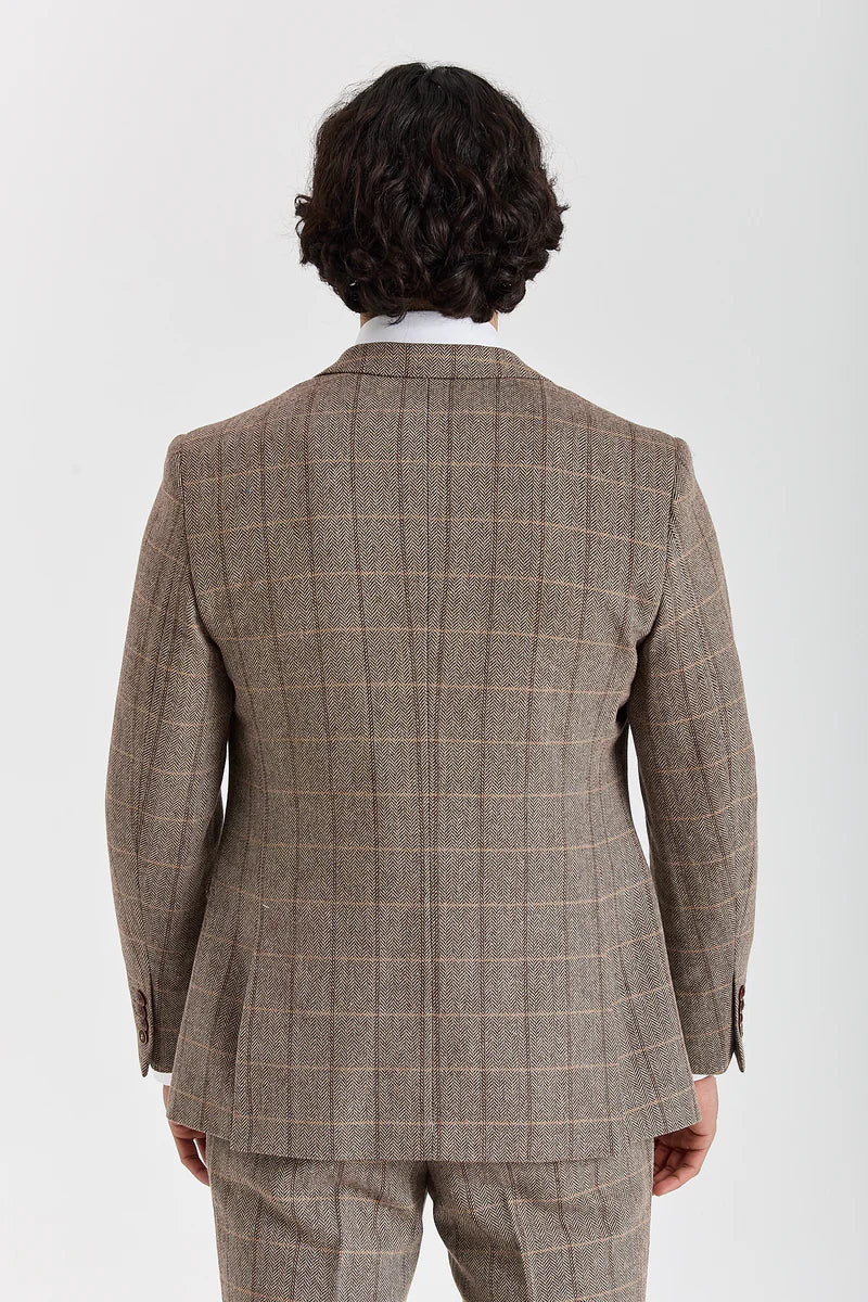 Men's Tweed Retro Windowpane Formal Suit - HARRIS - Brown Model Back Picture