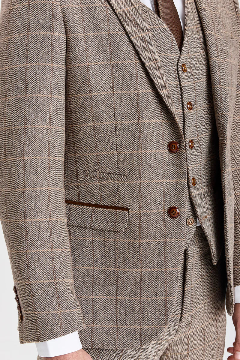 Men's Tweed Retro Windowpane Formal Suit - HARRIS - Brown Detail Picture 