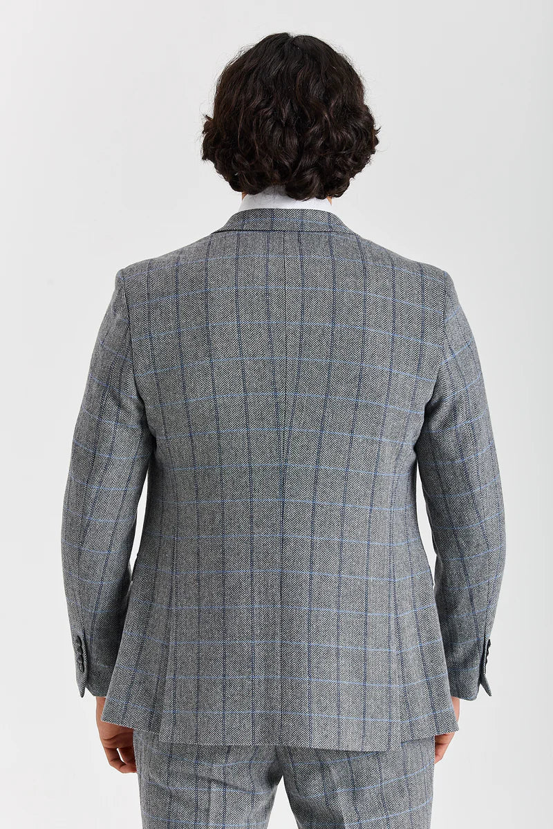 Men's Tweed Retro Windowpane Suit Jacket - HARRIS - Grey back picture