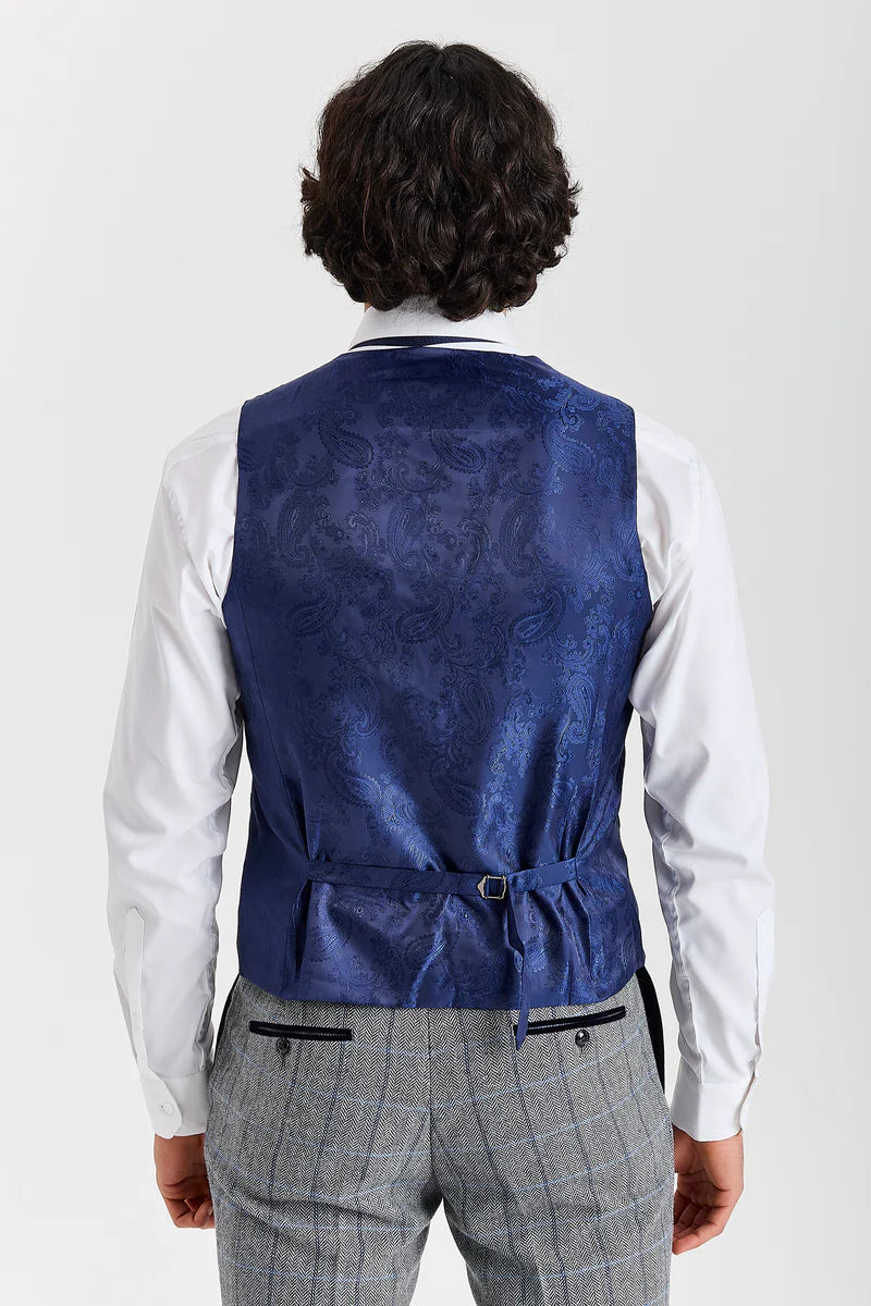 Men's Tweed Retro Windowpane Waistcoat - HARRIS - Grey Back Picture