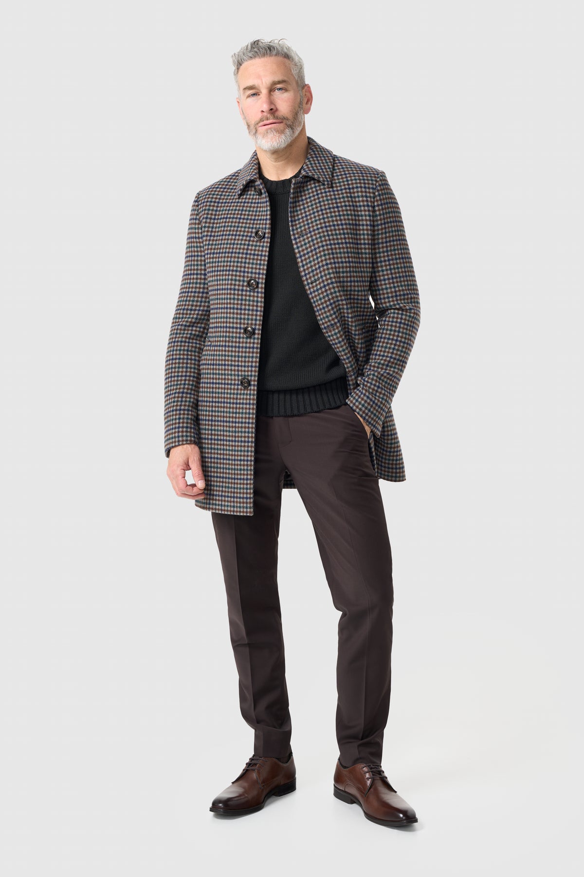 Men’s Tweed Wool Blend Check Overcoat - Cavani Andreas Brown Model Front Picture