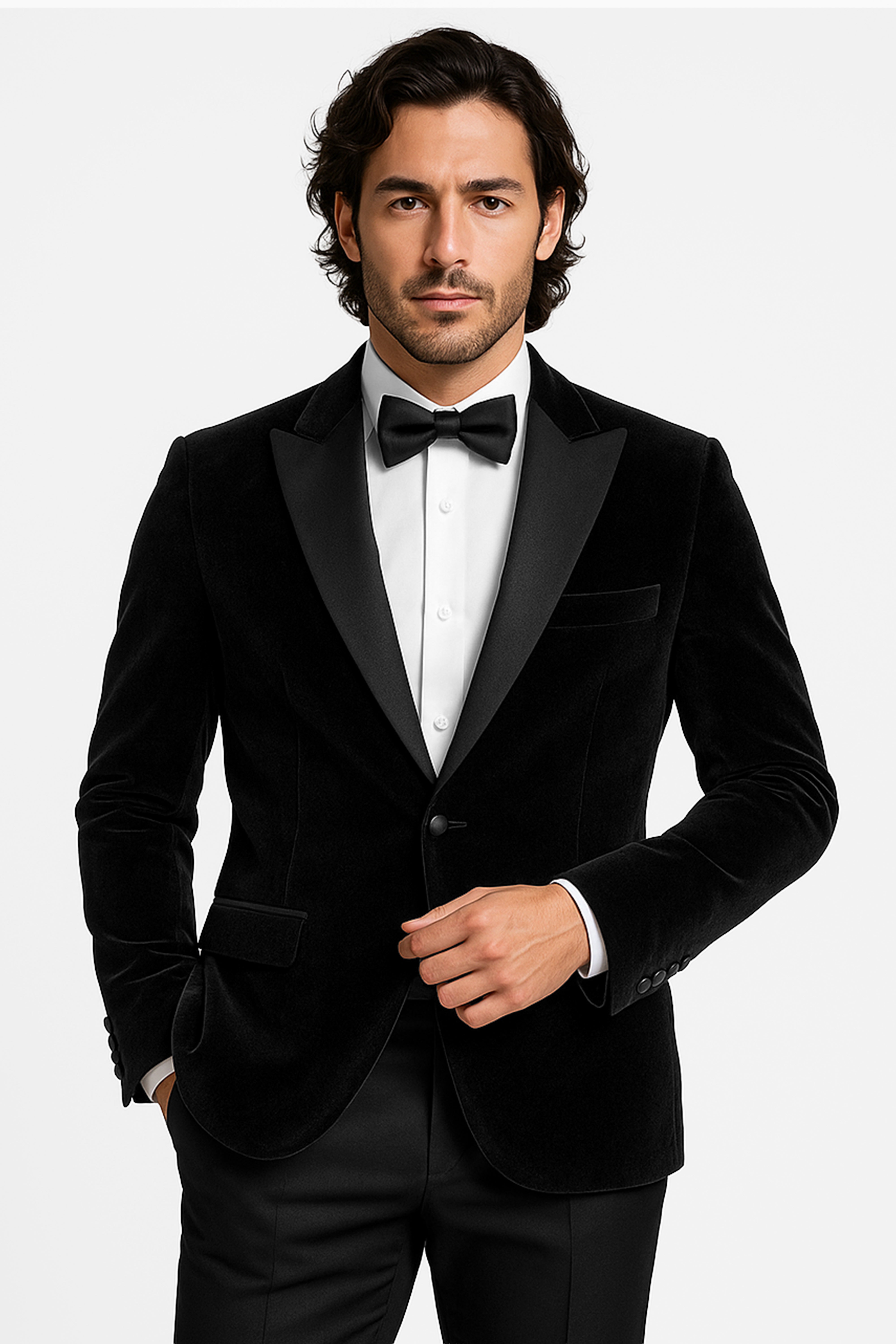 Men’s Velvet Blazer Satin Lapel Dinner Jacket - Mayfair - Black Front Picture