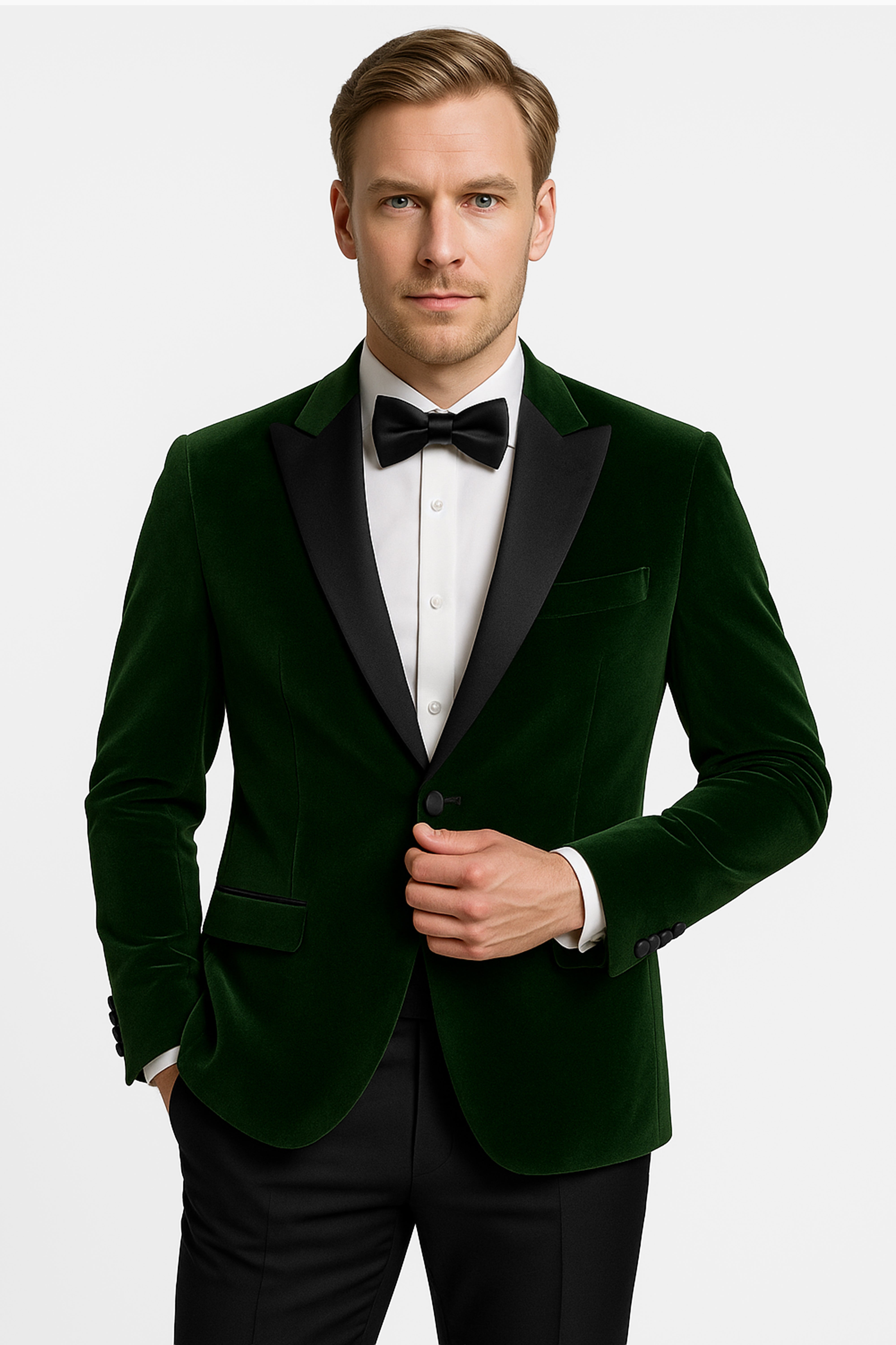 Men’s Velvet Blazer Satin Lapel Dinner Jacket - Mayfair - Green Model Picture