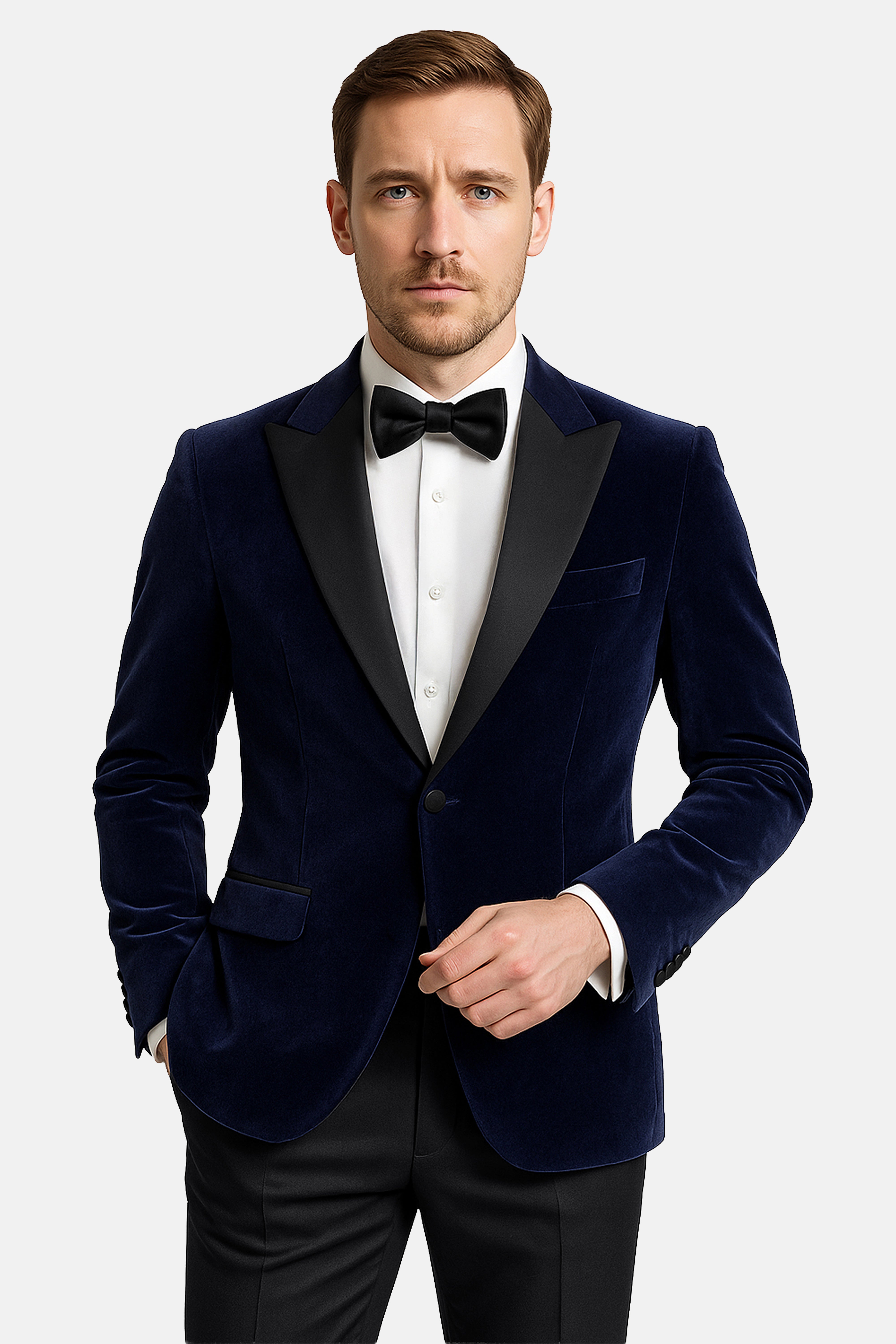 Men’s Velvet Blazer Satin Lapel Dinner Jacket - Mayfair - Navy Blue Model picture