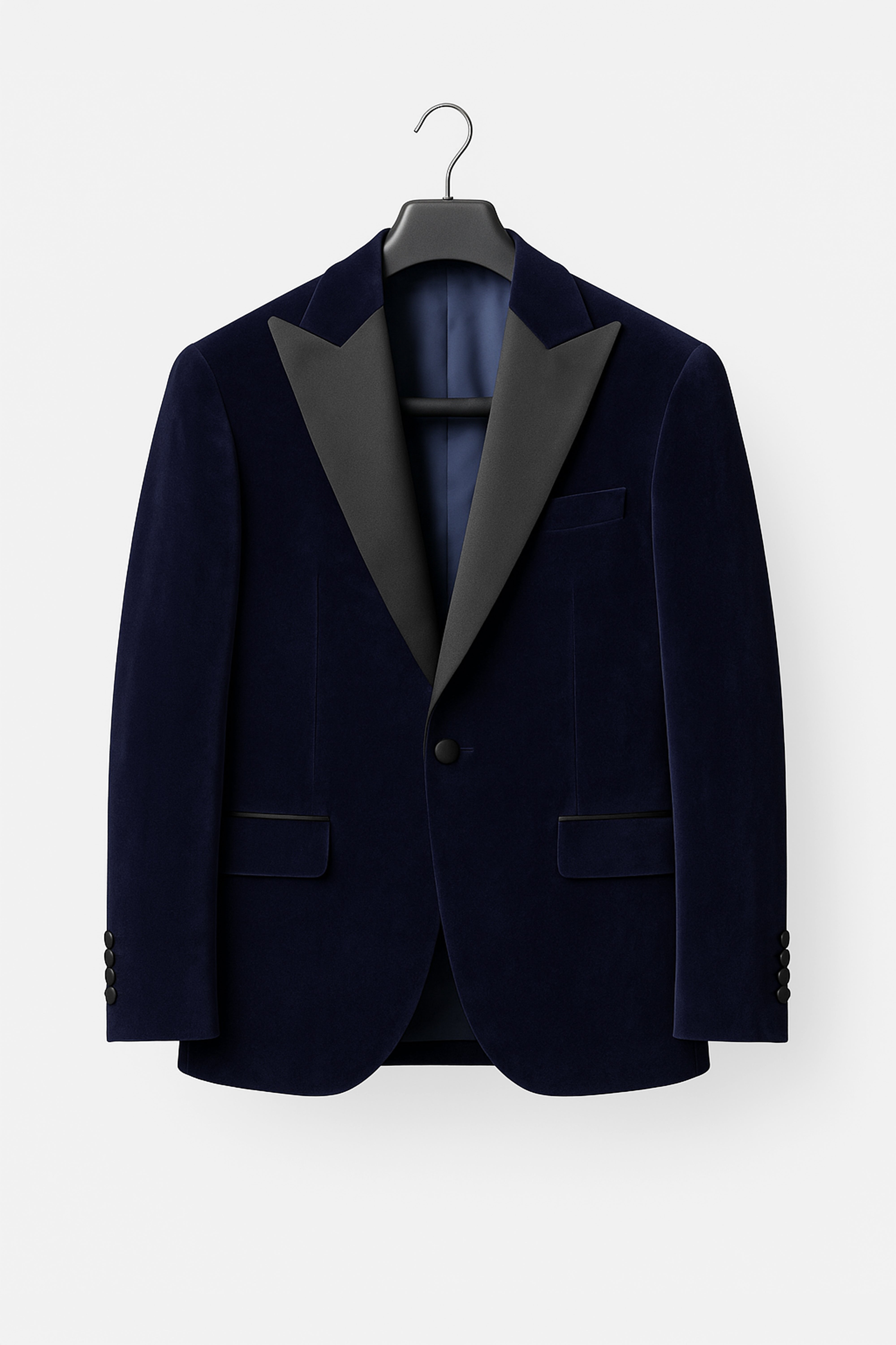 Men’s Velvet Blazer Satin Lapel Dinner Jacket - Mayfair - Navy Blue Front Picture