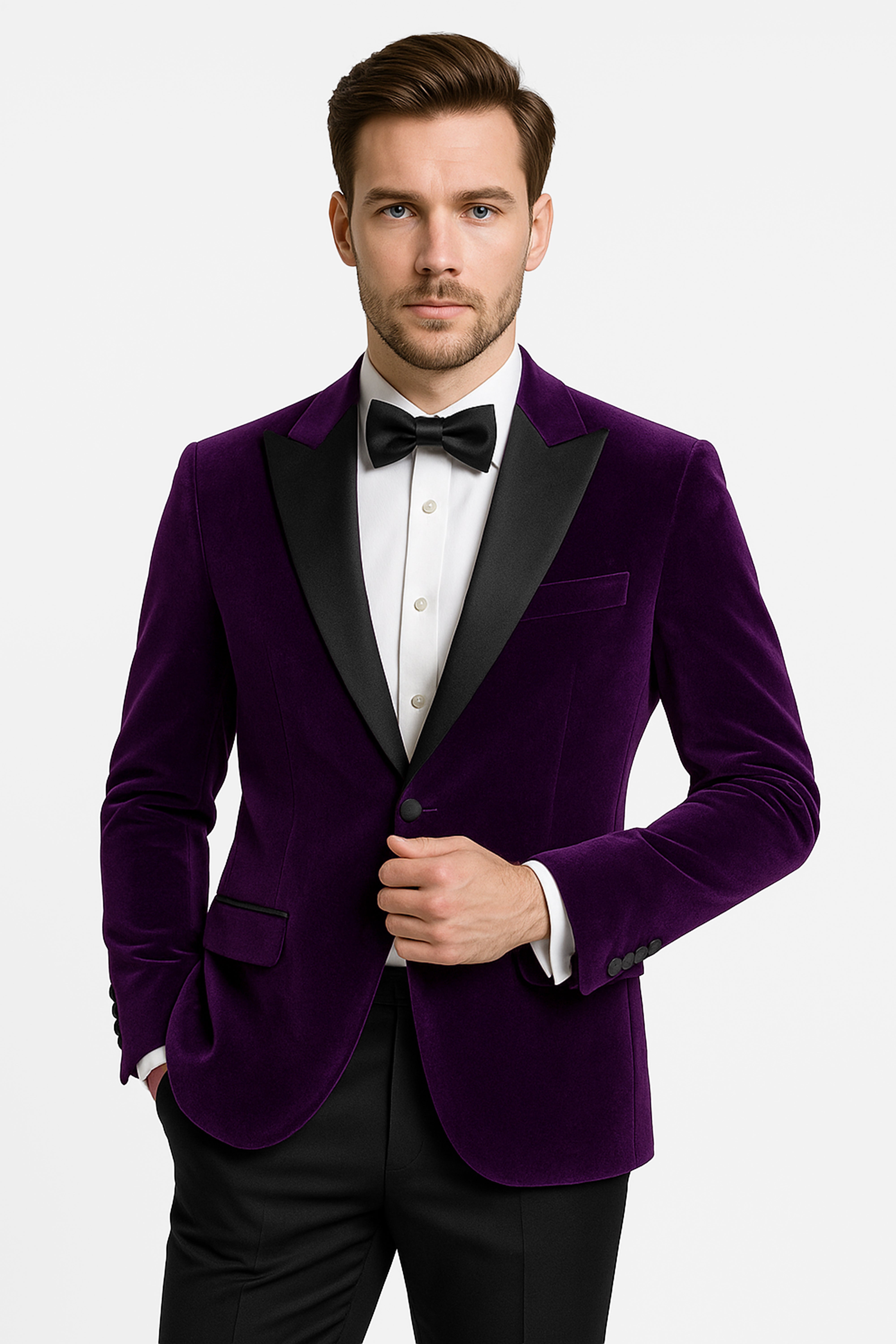 Men’s Velvet Blazer Satin Lapel Dinner Jacket - Mayfair - Purple Model Picture