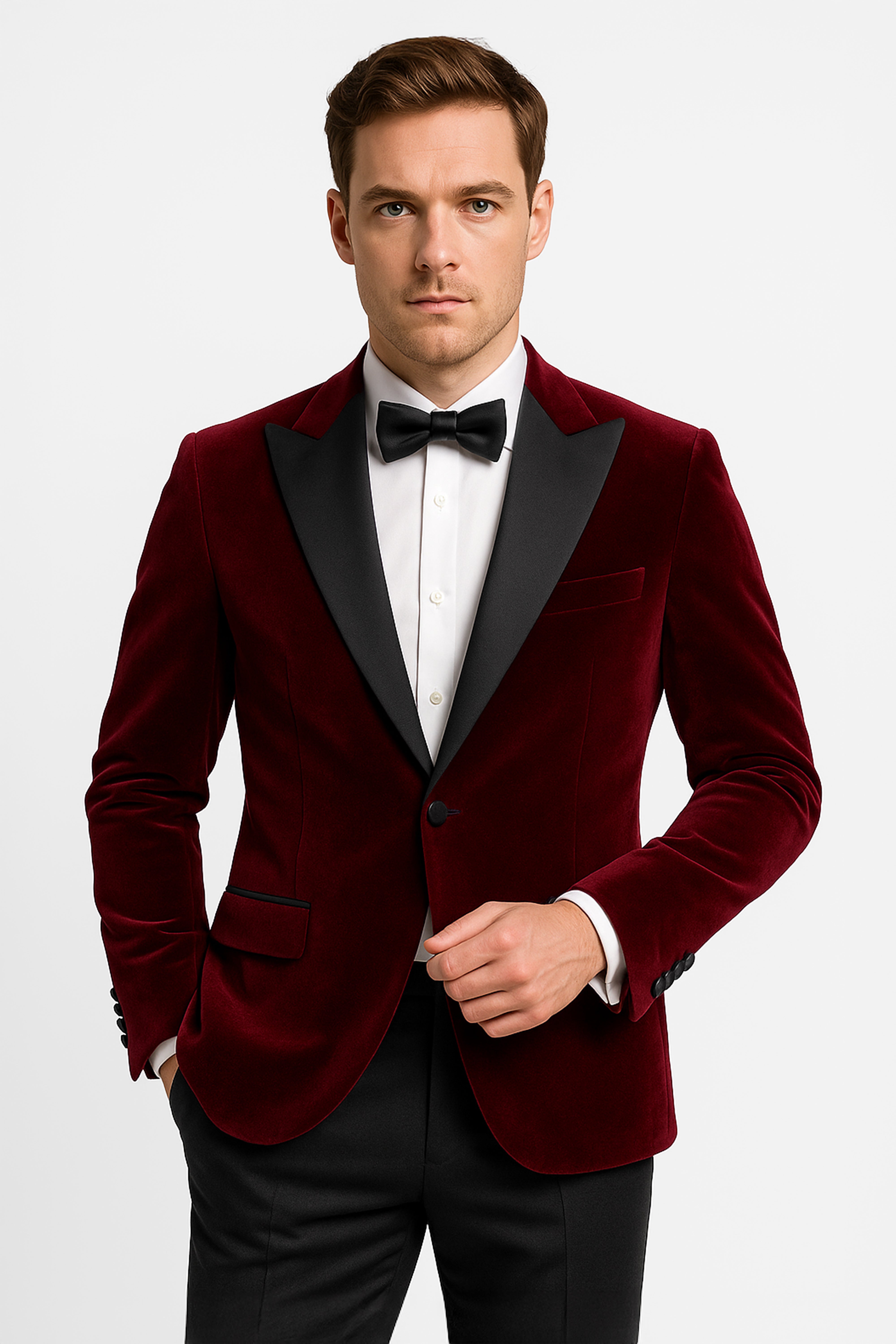 Men’s Velvet Blazer Satin Lapel Dinner Jacket - Mayfair - Wine Burgundy Model Picture