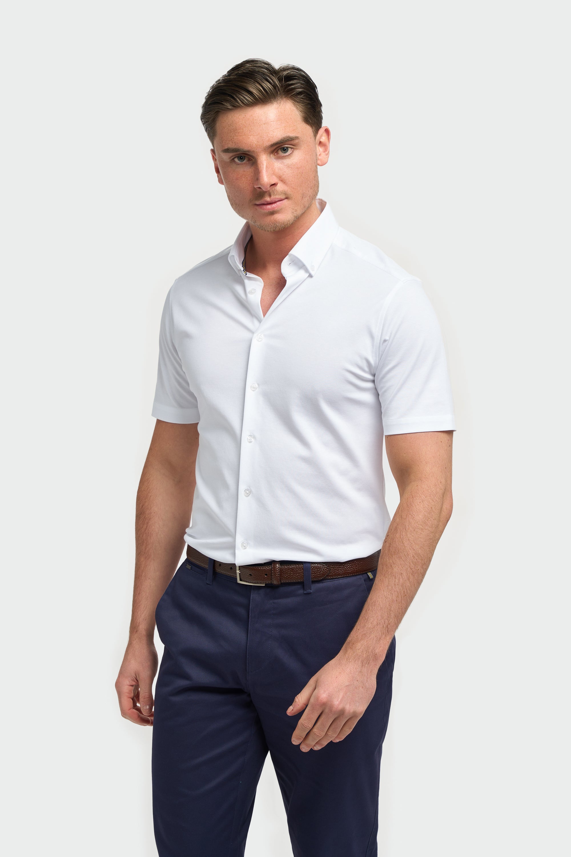 Men's White Cotton Slim Fit Short Sleeve Shirt - Ashley Model Picture